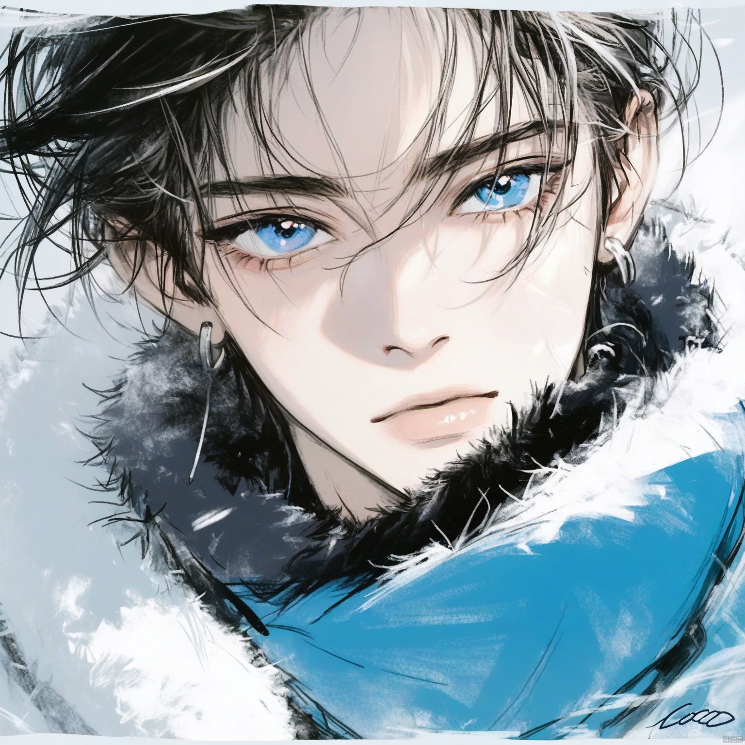 ZOZ_DONGMANG

This image is a digital artwork of a person with striking blue eyes. The person is wearing a blue garment

possibly a jacket or coat

with a fur-lined hood. The hair is dark and appears to be windswept

with strands of hair blowing across the face. The background is mostly white

which makes the blue eyes and the blue garment stand out prominently. The artist's signature

"h.co

" is visible in the bottom right corner of the image. The overall style is a blend of realism and digital art

with a focus on the expressive eyes and the texture of the hair and clothing.

