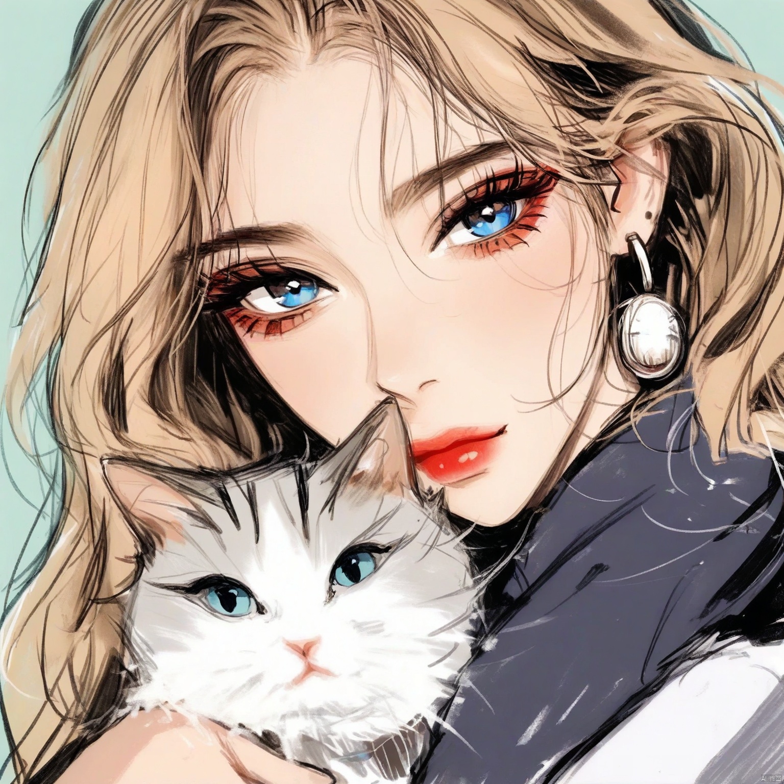 ZOZ_DONGMANG

This image is a digital illustration of a young woman with long

wavy blonde hair. She has a fair complexion and is wearing makeup

including red lipstick and eyeliner. Her eyes are a light brown color

and she has a gentle expression on her face. She is holding a cat with light gray and white fur. The cat has blue eyes and is looking directly at the viewer. The woman is wearing a dark-colored garment

and there is an earring visible on her left ear. The background is a soft teal color

adding to the overall serene and warm atmosphere of the illustration.

