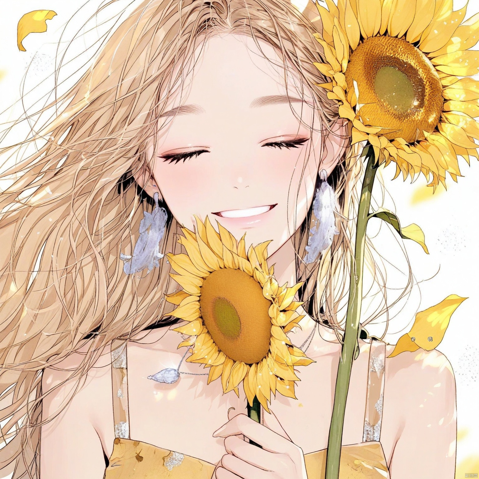 ZOZ_DONGMANG

The image is a beautifully illustrated artwork of a young woman holding a large sunflower. The woman has long

wavy blonde hair that cascades over her shoulders. She is wearing a yellow dress with thin straps

adorned with delicate patterns. Her eyes are closed

and she has a serene

content expression on her face. She is holding a bright yellow sunflower close to her face

with the flower's petals slightly overlapping her lips. The sunflower is detailed with a textured center and vibrant petals. The woman is also wearing dangling earrings and a necklace with a small pendant. The background is minimalistic

with a few scattered white dots

giving a sense of light and airy atmosphere. The overall tone of the image is warm and cheerful

capturing a moment of peaceful joy.

