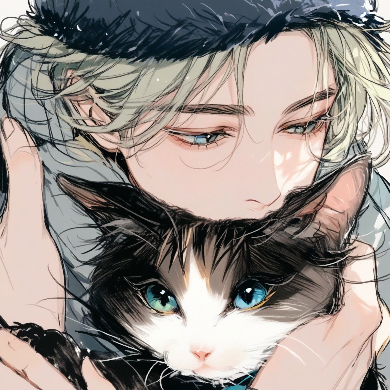 ZOZ_CHAHUA
This image is a detailed illustration of a person with light green hair and blue eyes. The person is wearing a dark-colored hat. In the foreground
there is a black cat with bright green eyes. The cat is positioned close to the person's face
and the person appears to be gently holding or petting the cat. The overall style of the illustration is soft and detailed
with a focus on the expressions and interactions between the person and the cat.
