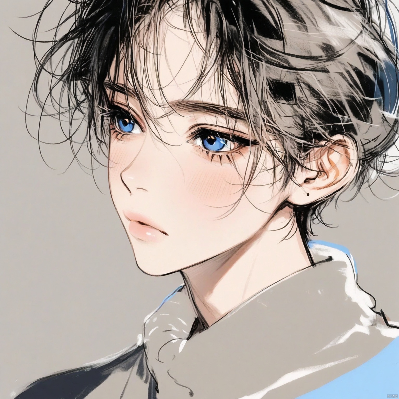 ZOZ_DONGMANG

This image is a digital illustration of a young person with dark

tousled hair and striking blue eyes. The hair is styled in a way that some strands fall across the forehead and around the face

giving a slightly messy yet stylish appearance. The person has a fair complexion with a hint of blush on the cheeks

adding to the youthful and fresh look. The ears are visible and detailed

with a natural shape. The neck and shoulder area are shown

with a hint of a light-colored garment or shirt

possibly with a blue outline. The overall style of the illustration is soft and detailed

with a focus on capturing the youthful and expressive features of the person.

