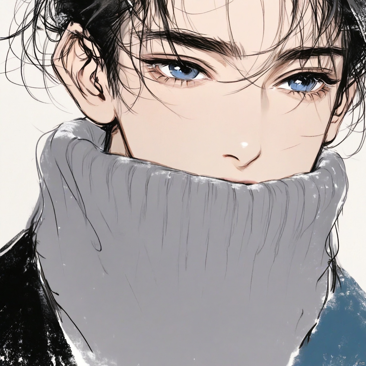 ZOZ_DONGMANG

This image is a digital illustration of a young person with a close-up view of their face. The person has light skin and striking blue eyes

which are the most prominent feature of the face. The hair is dark and tousled

partially covering the forehead and one ear. The person is wearing a dark-colored garment with a high collar

which appears to be a jacket or a sweater. The background is plain and light

which helps to emphasize the details of the face and the clothing. The overall style of the illustration is detailed and realistic

with a focus on the facial features and the texture of the hair and clothing.


