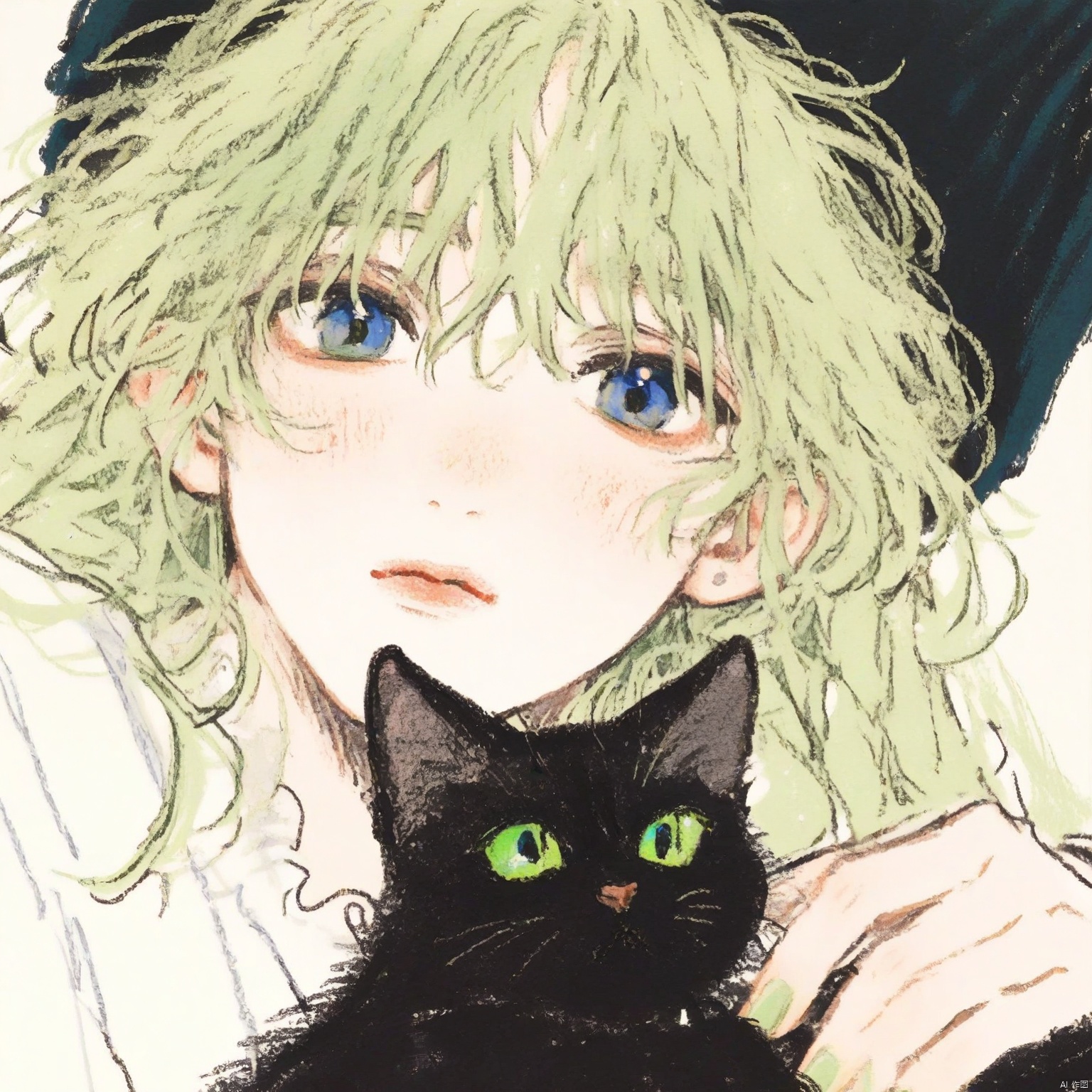 ZOZ_CHAHUA
This image is a detailed illustration of a person with light green hair and blue eyes. The person is wearing a dark-colored hat. In the foreground
there is a black cat with bright green eyes. The cat is positioned close to the person's face
and the person appears to be gently holding or petting the cat. The overall style of the illustration is soft and detailed
with a focus on the expressions and interactions between the person and the cat.

