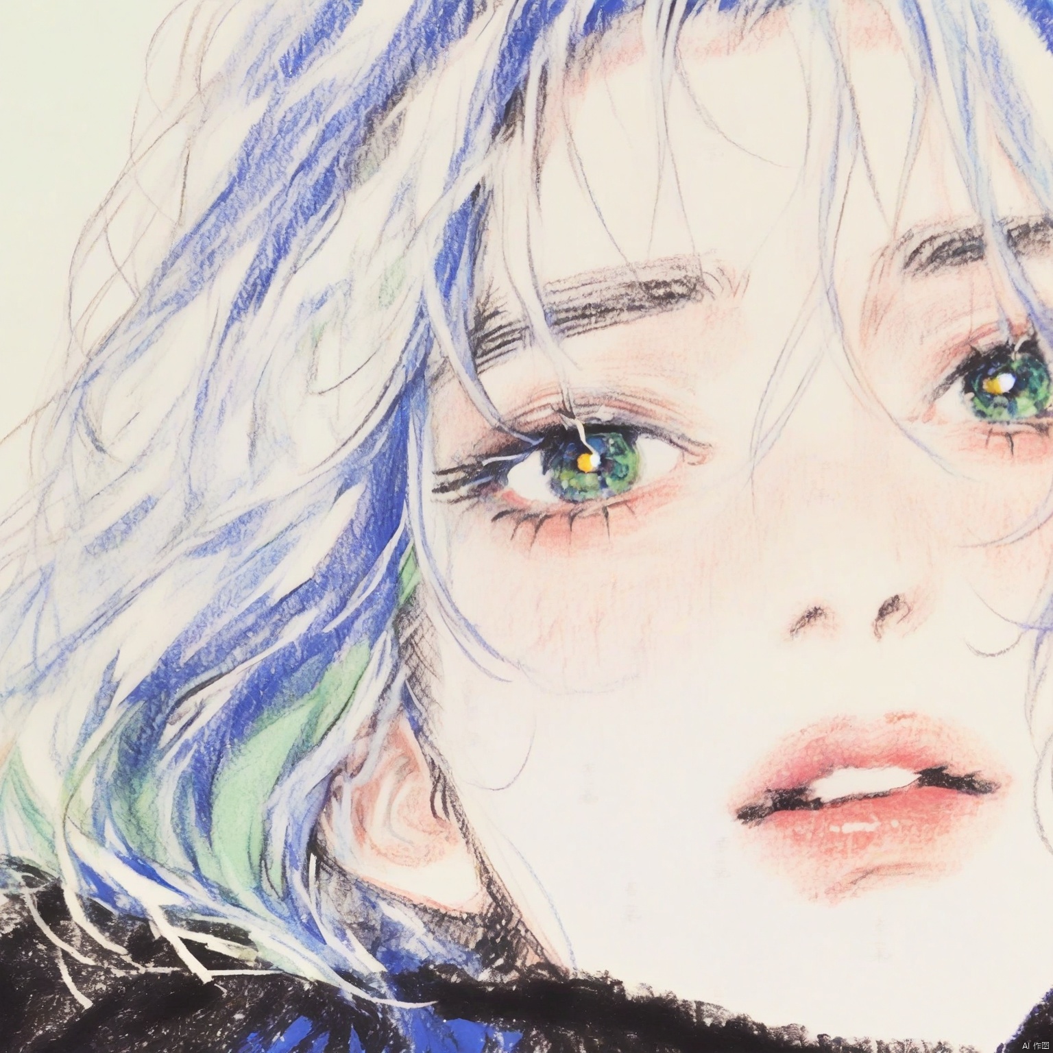 ZOZ_CHAHUA
This image is a detailed illustration of a character with striking blue hair and large
expressive eyes. The character's hair is a mix of deep blue and lighter shades
with strands of white and light blue intertwined. The eyes are particularly notable
with a bright green iris and a hint of yellow around the pupils
giving them a lively and captivating appearance. The character is wearing a dark
possibly black
garment that covers the lower part of the face
leaving only the eyes and part of the forehead visible. The background is plain
allowing the character's vibrant hair and expressive eyes to stand out. The overall style of the illustration is detailed and colorful
with a focus on the character's facial features and hair. The use of colors and shading adds depth and dimension to the image
making it visually appealing.

