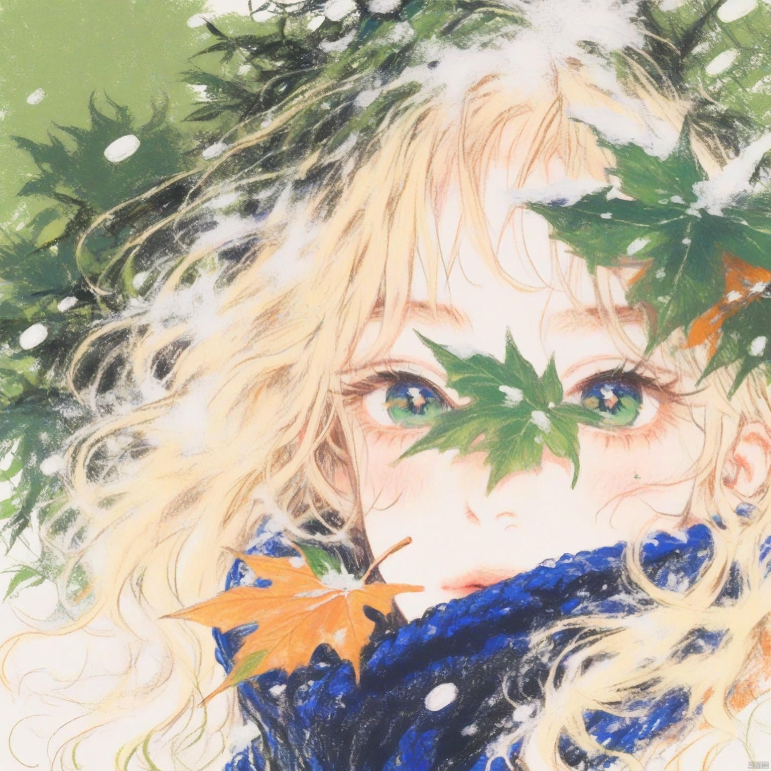 ZOZ_CHAHUA
This image is a detailed and colorful illustration of a young person with long
wavy blonde hair. The hair is adorned with green leaves and a single orange leaf
giving a natural and vibrant look. The person is wearing a dark blue scarf that appears to be knitted
adding a cozy and warm element to the image. The background is a mix of green foliage and some white speckles
possibly representing snow or light. The overall style is soft and artistic
with a focus on natural elements and a serene atmosphere.
