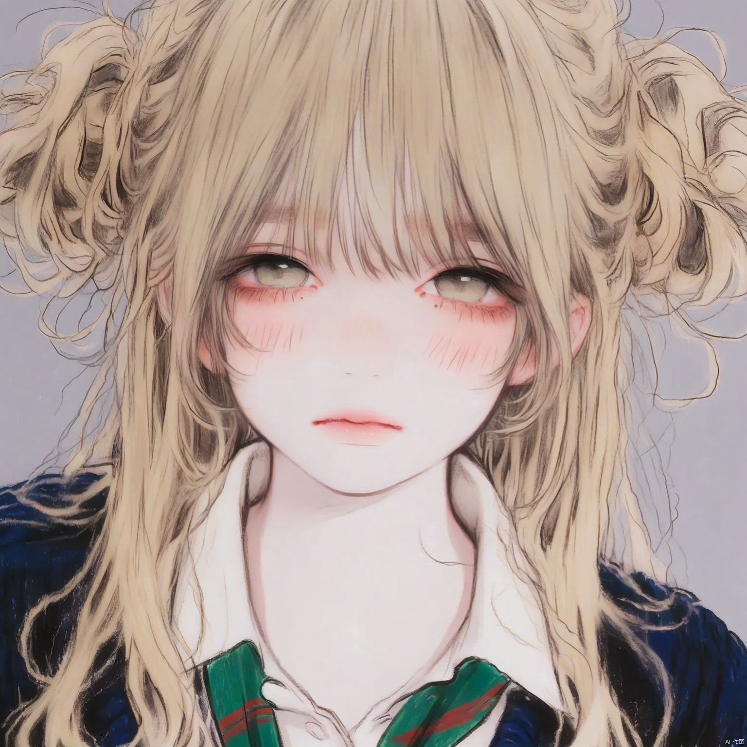 ZOZ_CHAHUA
The image is a detailed illustration of a young person with long
wavy blonde hair styled into two buns on either side of their head. The person is wearing a school uniform consisting of a white shirt
a green tie with red stripes
and a dark blue sweater. The background is a soft
light gray
which helps to highlight the character's features. The person's eyes are large and expressive
with a hint of redness around them
suggesting a possible cold or tiredness. The overall style of the illustration is soft and detailed
with a focus on the character's facial expression and attire.
