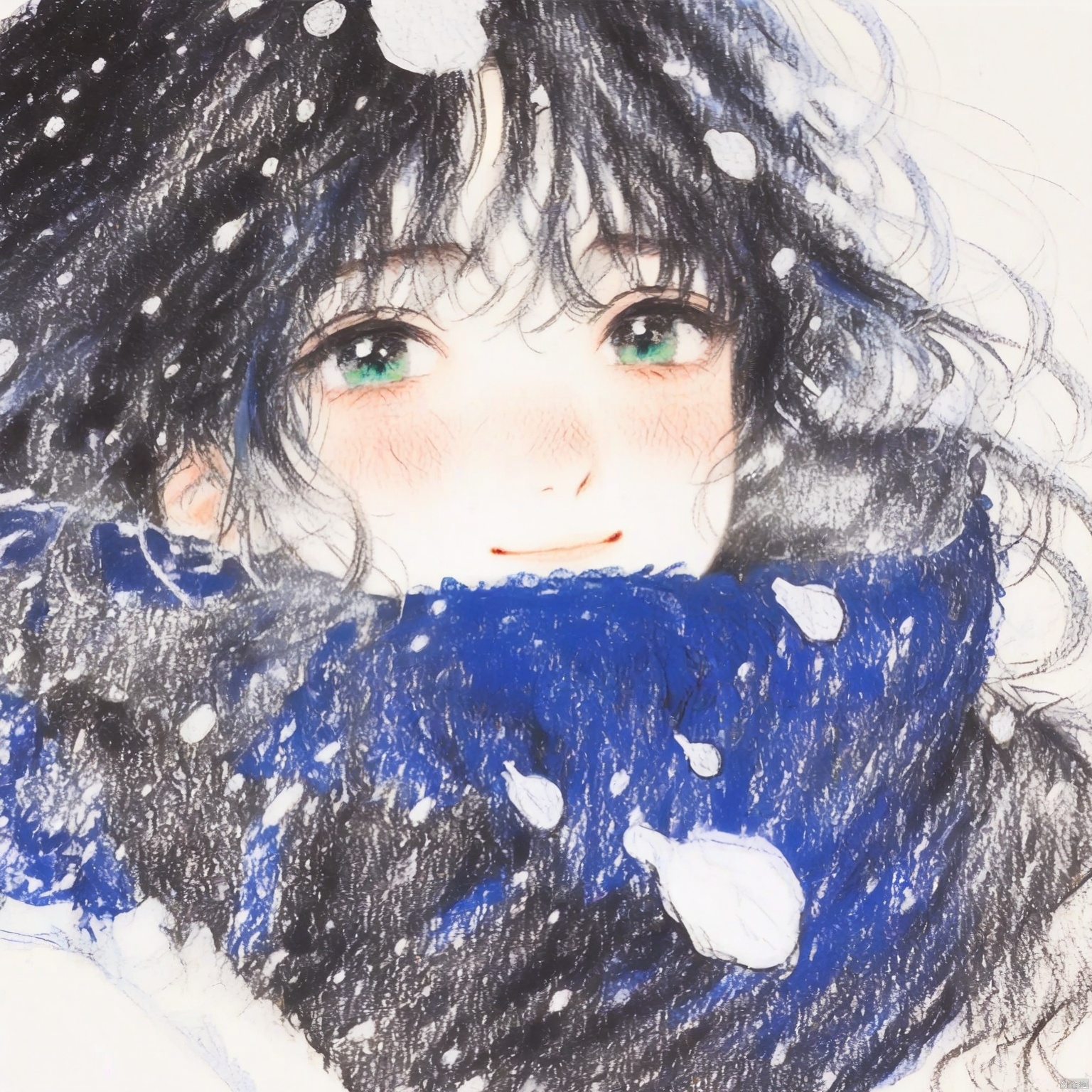 ZOZ_CHAHUA
This image is a detailed illustration of a person wrapped in a blue scarf
with snowflakes falling around them. The person has dark
curly hair and is wearing a thick
blue garment that appears to be a coat or a scarf. The snowflakes are depicted in white
scattered throughout the image
creating a wintry atmosphere. The person's face is partially visible
with a hint of a smile and expressive eyes. The overall color palette is dominated by shades of blue and white
giving the image a cold
wintery feel.
