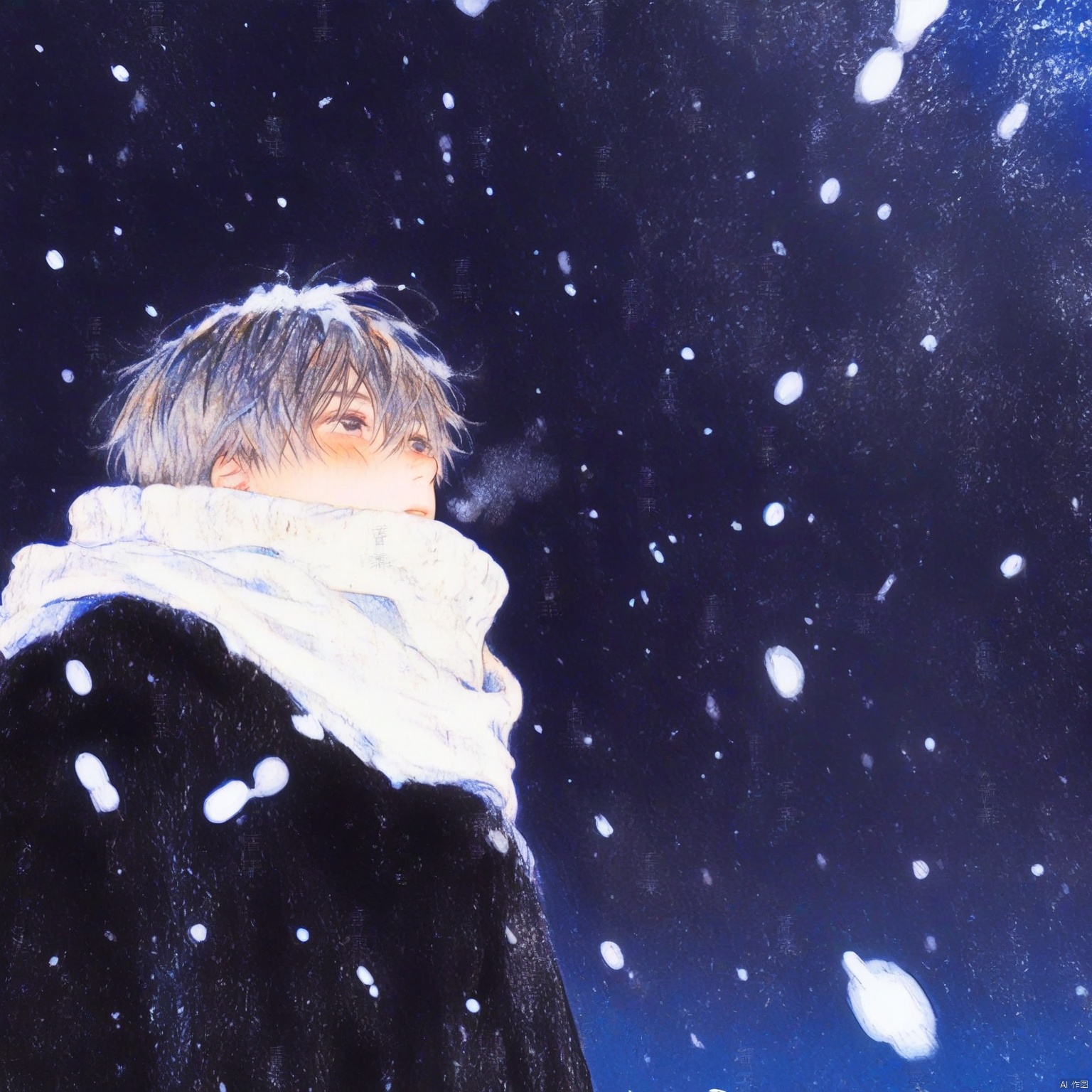 ZOZ_CHAHUA
The image depicts a young person wrapped in a thick
white scarf
standing against a dark background speckled with snowflakes. The person's hair is tousled
and they have a contemplative expression
gazing upwards towards the falling snow. The snowflakes are illustrated in various shades of blue and white
creating a serene and wintry atmosphere. The overall tone of the image is calm and reflective
capturing a moment of quiet contemplation amidst a snowy landscape.
