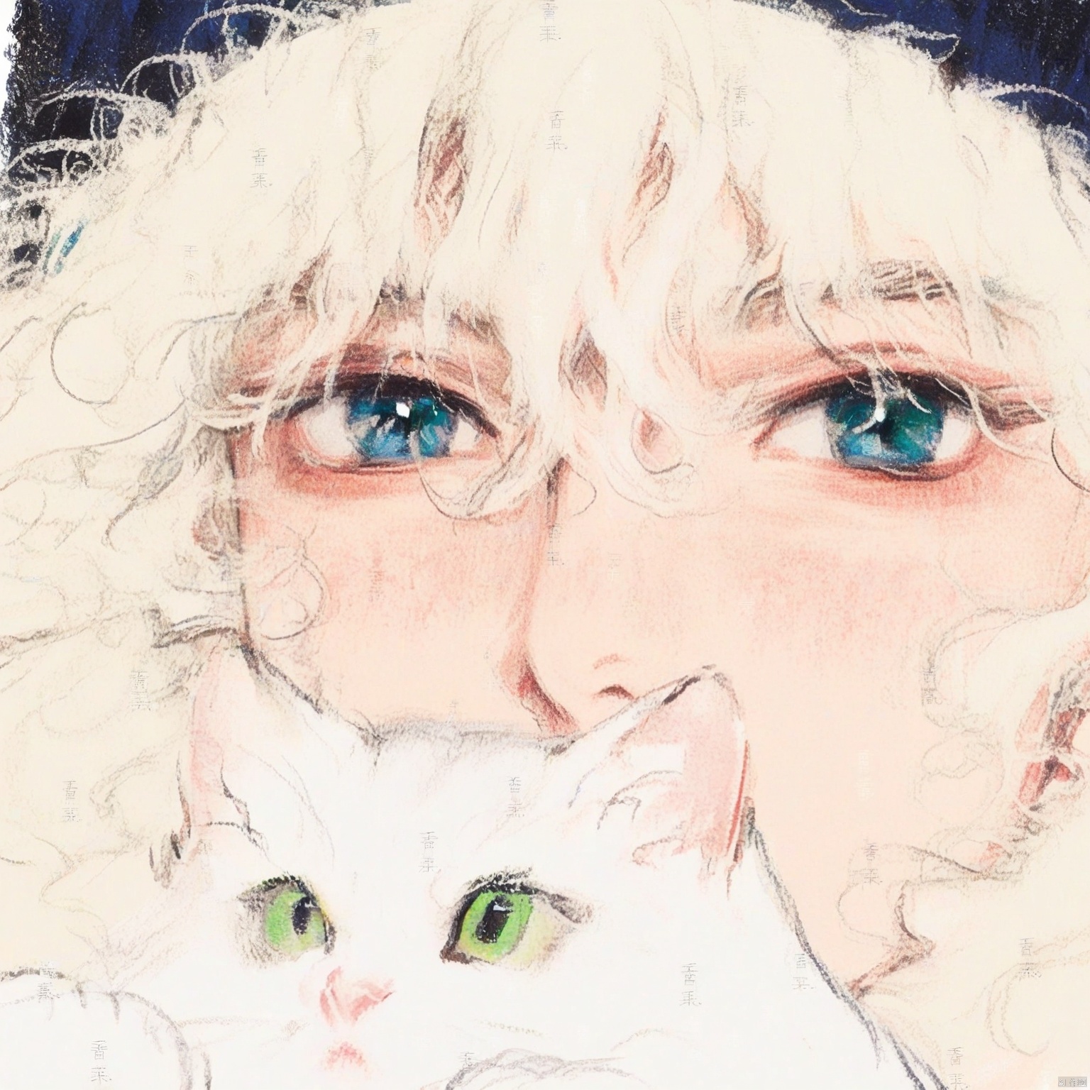 ZOZ_CHAHUA
This image appears to be a piece of digital art or a drawing. It features a person with light-colored
curly hair and large
expressive blue eyes. The person is wearing a dark-colored hat or headwear. In the foreground
there is a white cat with green eyes
which is being held close to the person's face. The background is mostly plain
with some faint text and markings visible. The overall style of the image is soft and somewhat whimsical
with a focus on the person and the cat.
