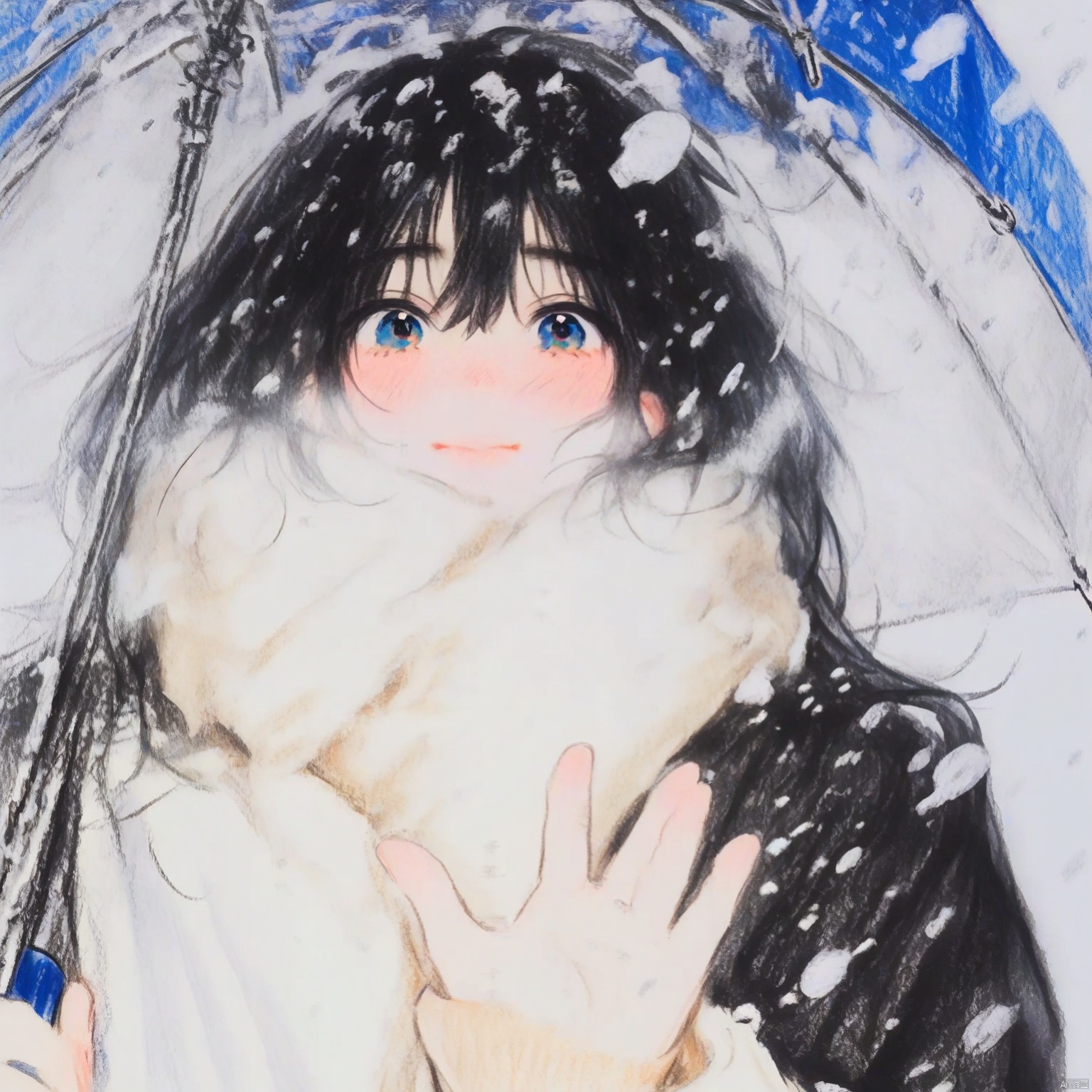ZOZ_CHAHUA
This image is a detailed
hand-drawn illustration of a young girl with large
expressive blue eyes and short black hair. She is holding a blue umbrella
which is partially open and appears to be shielding her from falling snow. The snow is depicted as small white flakes scattered throughout the image. The girl is wearing a light-colored coat
and her cheeks have a rosy tint
suggesting she might be cold. The overall scene conveys a sense of winter and the girl's attempt to stay warm and dry.

