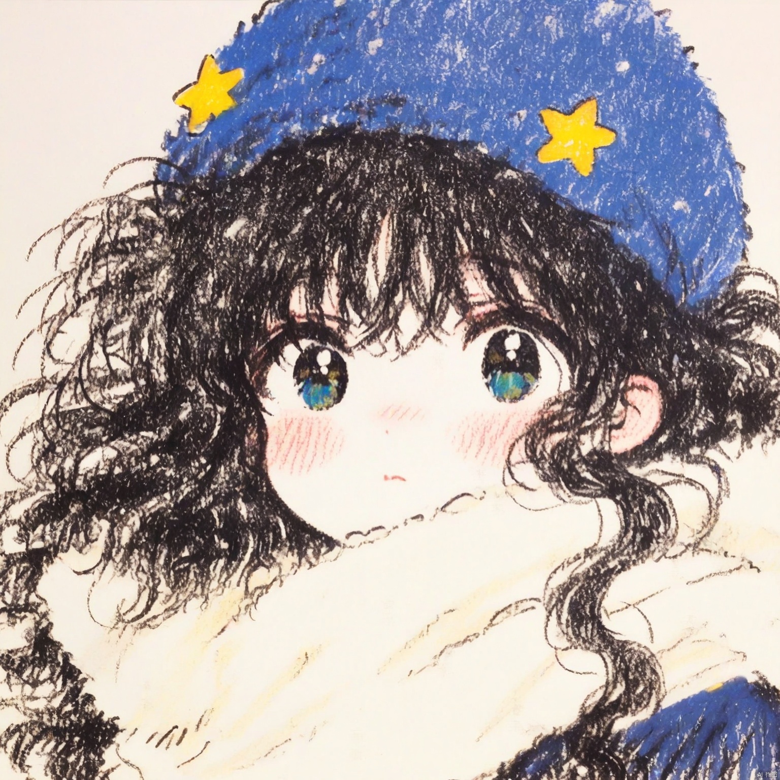 ZOZ_CHAHUA
The image is a cute
hand-drawn illustration of a character wrapped in a thick
fluffy white scarf. The character has dark
curly hair and is wearing a blue hat. The character's face is partially covered by the scarf
but their large
expressive eyes and rosy cheeks are visible. There are small yellow stars around the character's head
adding a whimsical touch to the scene. The overall style is soft and charming
with a focus on the cozy and warm feeling conveyed by the character's attire and the stars.
