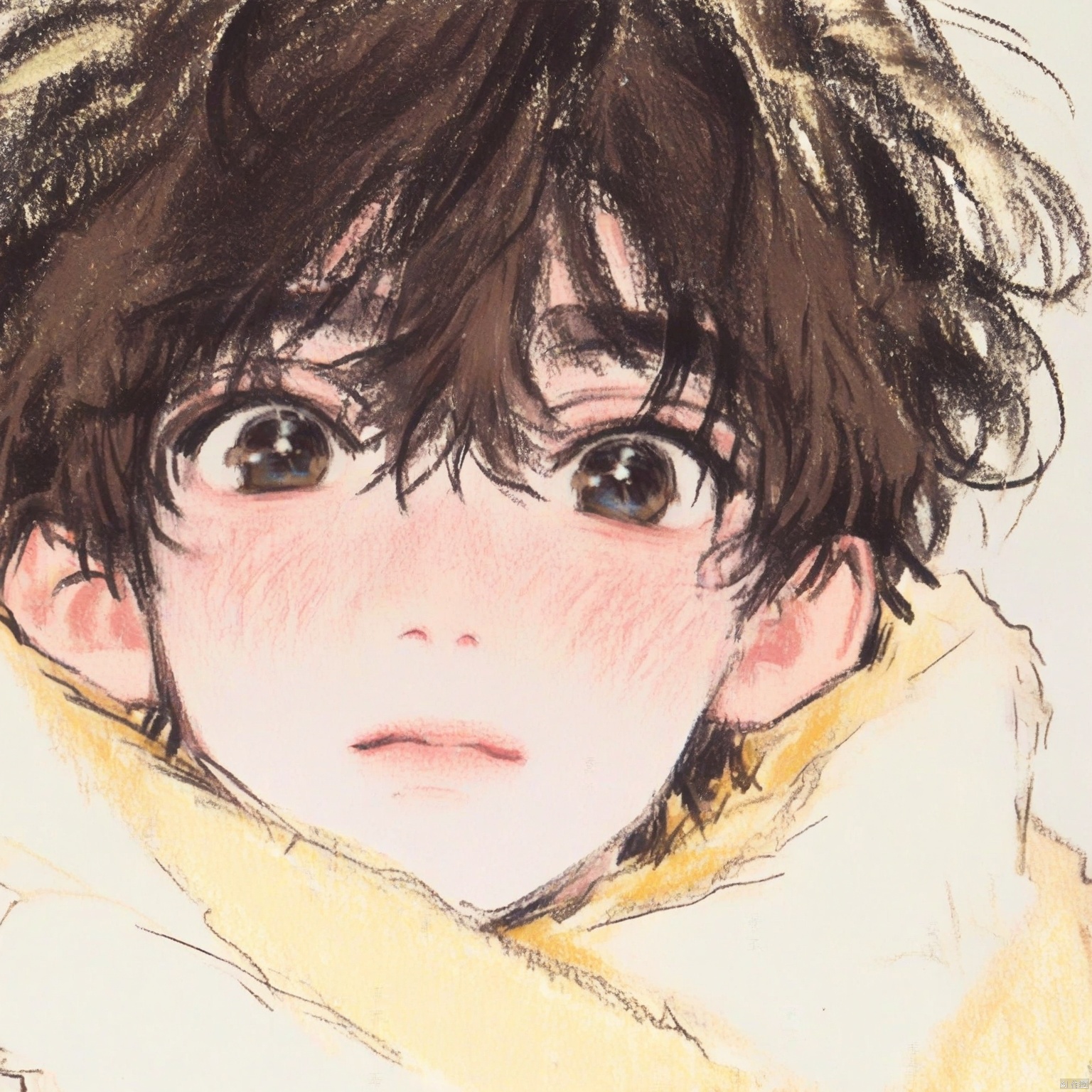 ZOZ_CHAHUA
This image is a close-up of a character with large
expressive eyes and a flushed face. The character has dark brown hair that appears slightly messy and tousled. They are wearing a yellow garment
which seems to be a coat or a sweater
as it covers a significant portion of their face and neck. The background is plain and light-colored
which helps to emphasize the character's features. The overall style of the image is soft and sketch-like
with a focus on the character's facial expression and the texture of the hair and clothing.
