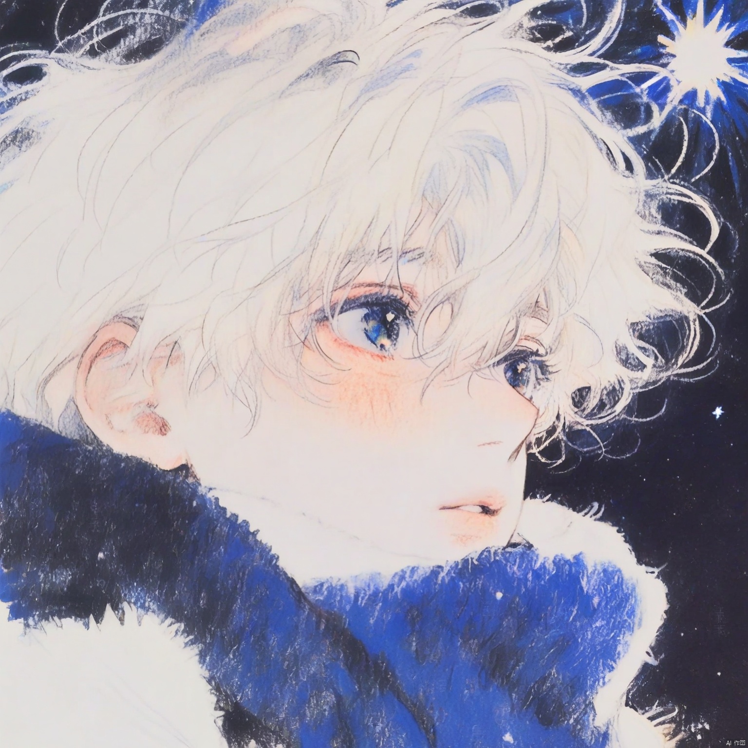 ZOZ_CHAHUA
This image is a detailed illustration of a young person gazing upwards at a bright
starry night sky. The person has light-colored hair and is wearing a white
fluffy garment that covers their neck and shoulders. The background is dark
filled with stars and a bright
radiant star or celestial body that emits a blue and white light. The overall mood of the image is serene and contemplative
with the person appearing to be in awe of the night sky. The use of soft colors and gentle lines adds to the peaceful and dreamy atmosphere of the scene.
