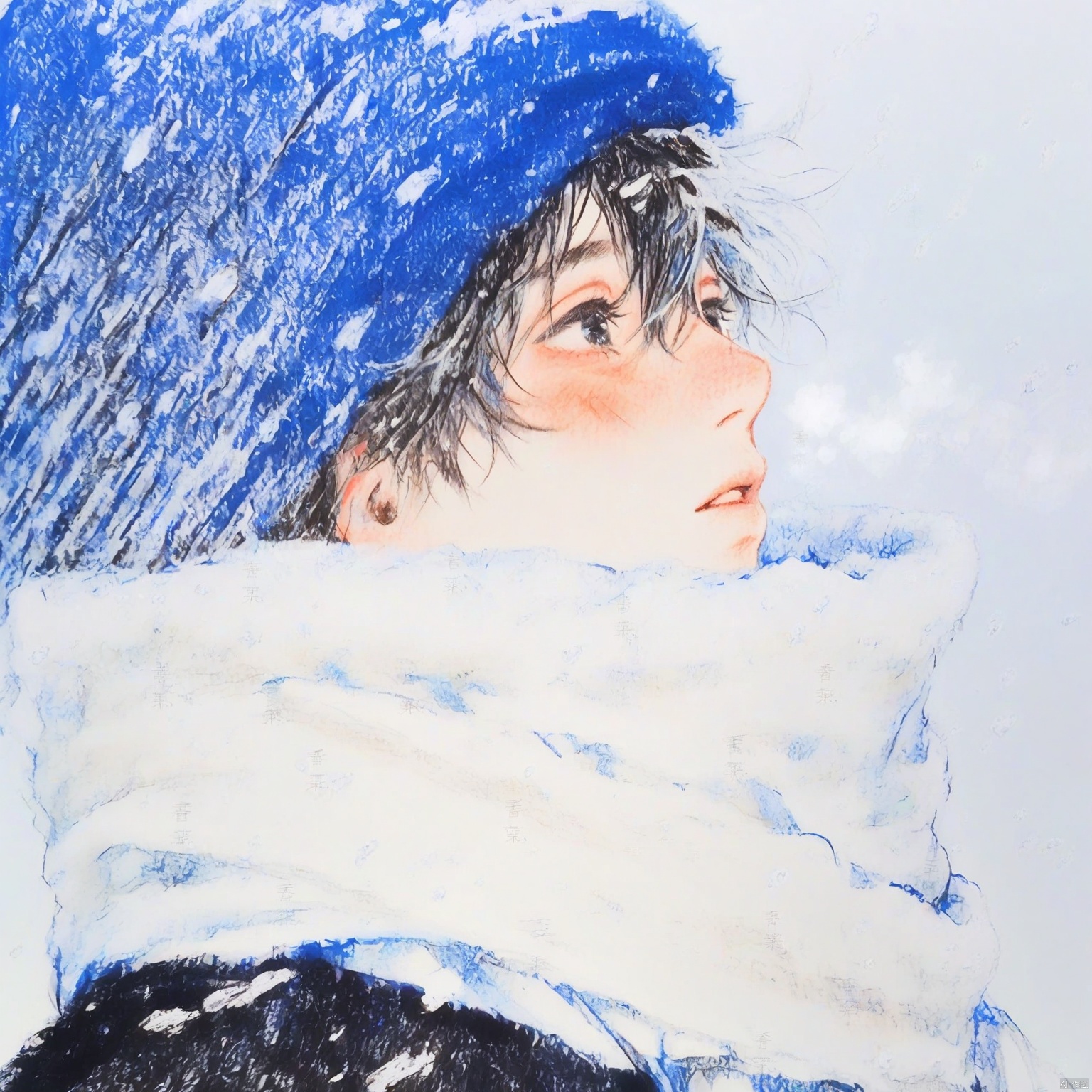 ZOZ_CHAHUA
This image is a digital artwork featuring a person wearing winter clothing. The person is depicted in profile
facing to the right. They are wearing a blue hat adorned with white snowflakes and a thick
white scarf wrapped around their neck. The scarf appears to be made of a fluffy material
adding to the wintery feel of the scene. The background is plain and light
with subtle hints of snowflakes scattered around
enhancing the wintry atmosphere. The overall color palette is dominated by shades of blue and white
creating a cold and serene ambiance.
