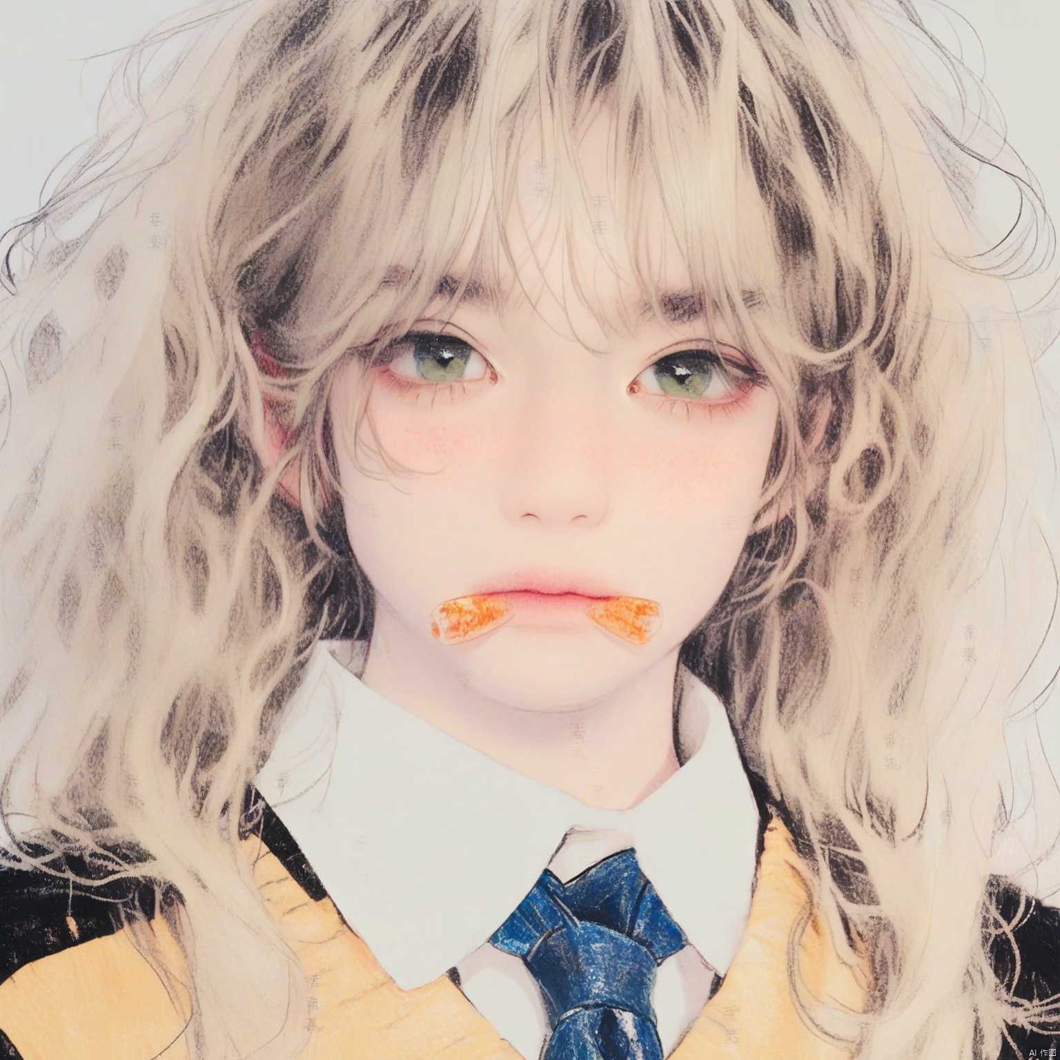 ZOZ_CHAHUA
This image is a detailed illustration of a young person with light
curly hair. The person is wearing a white collared shirt with a blue tie that has a pattern on it. Over the shirt
there is a dark-colored sweater or jacket. The background is a soft
light color
which contrasts with the darker clothing and highlights the person's hair and face. The illustration style is detailed and realistic
with a focus on the hair and facial features. There are some Japanese characters written around the image
but they are not the main focus of the illustration.
