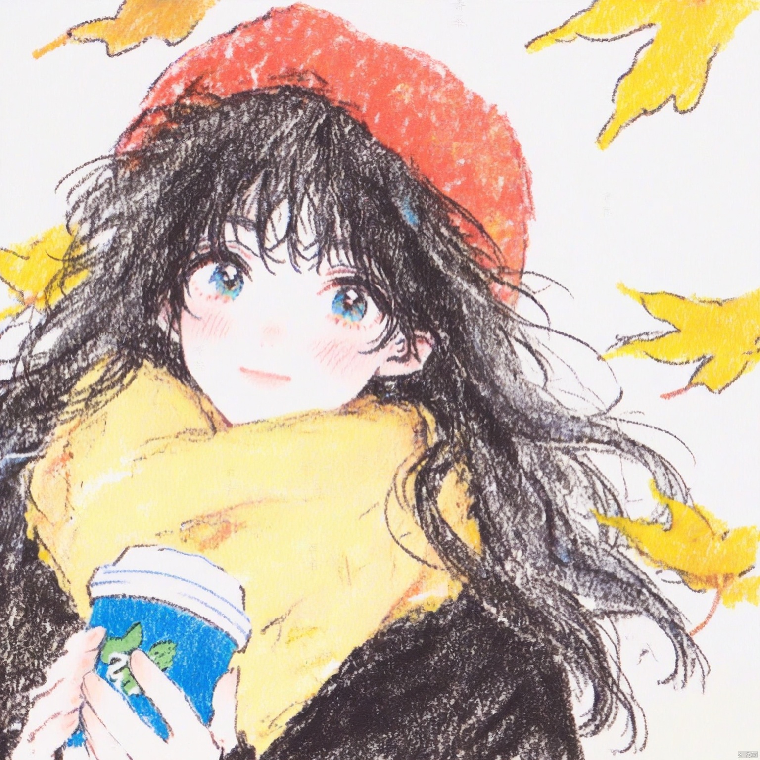 ZOZ_CHAHUA
The image is a colorful
hand-drawn illustration of a young girl with long
dark hair. She is wearing a red hat and a yellow scarf. The girl is holding a blue cup with a green logo on it. The background features several yellow and orange leaves
suggesting an autumn setting. The overall style is whimsical and charming
with soft
pastel colors and a focus on the girl's expressive eyes and gentle smile.
