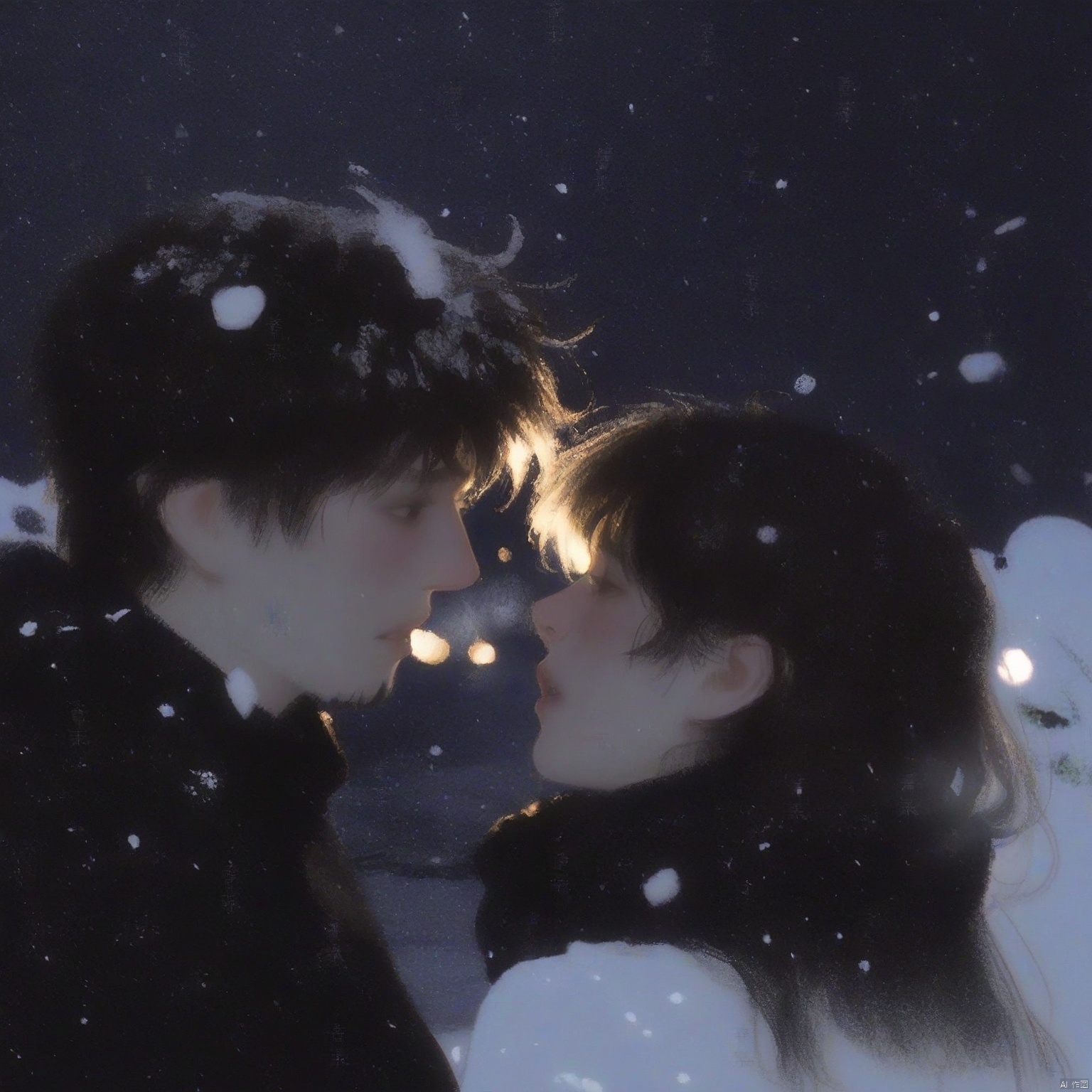 ZOZ_CHAHUA
The image depicts a romantic scene between two individuals
likely a man and a woman
based on their features. They are facing each other closely
suggesting an intimate moment. The background appears to be a snowy landscape
with snow-covered trees and a soft
glowing light
possibly indicating a winter setting. The individuals are dressed in dark clothing
which contrasts with the lighter background
emphasizing their silhouettes. The overall mood of the image is serene and tender
capturing a moment of connection between the two figures.
