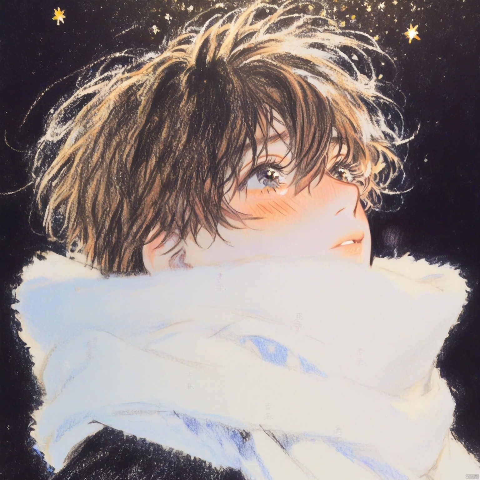 ZOZ_CHAHUA
The image is a beautifully illustrated anime-style artwork. It features a young person with short
tousled hair
gazing upwards with a dreamy expression. The character has a flushed face
suggesting a sense of warmth or emotion. They are wearing a white garment
possibly a coat or scarf
which contrasts with the dark background. The background is filled with small
scattered stars
adding a magical and serene atmosphere to the scene. The overall color palette is soft and warm
with a focus on light and shadow to enhance the character's features and the dreamy quality of the image.
