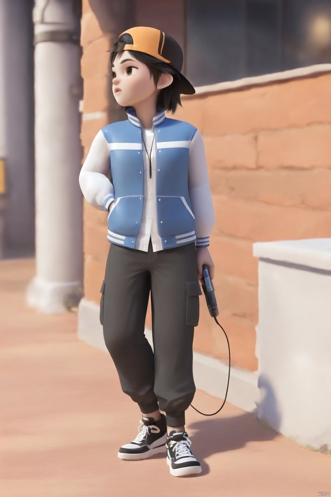 1girl,Peng Fei,Blue jacket,Black pants,shoes, holding charging cable