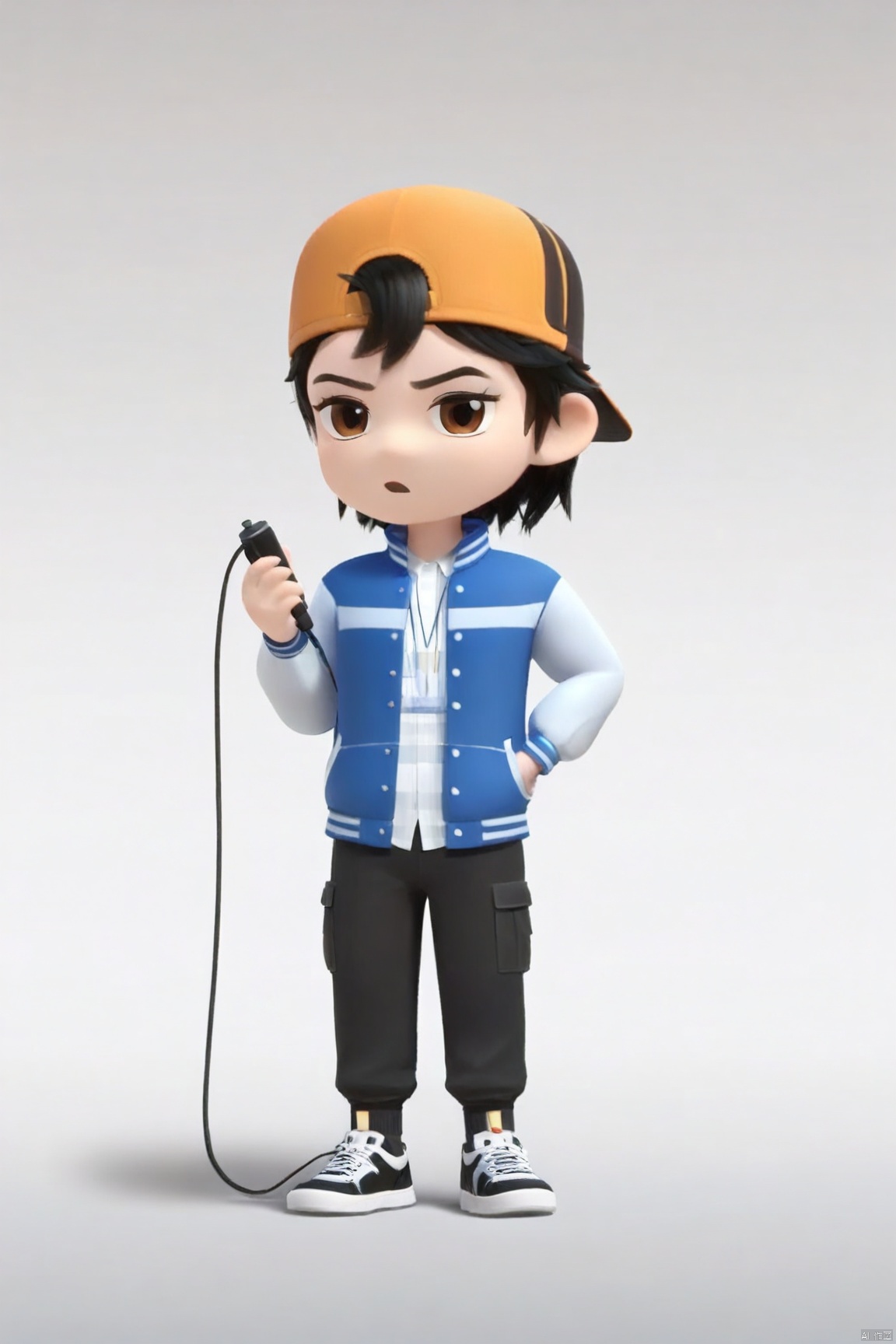 1girl,Peng Fei,Blue jacket,Black pants,shoes, holding charging cable,chibi