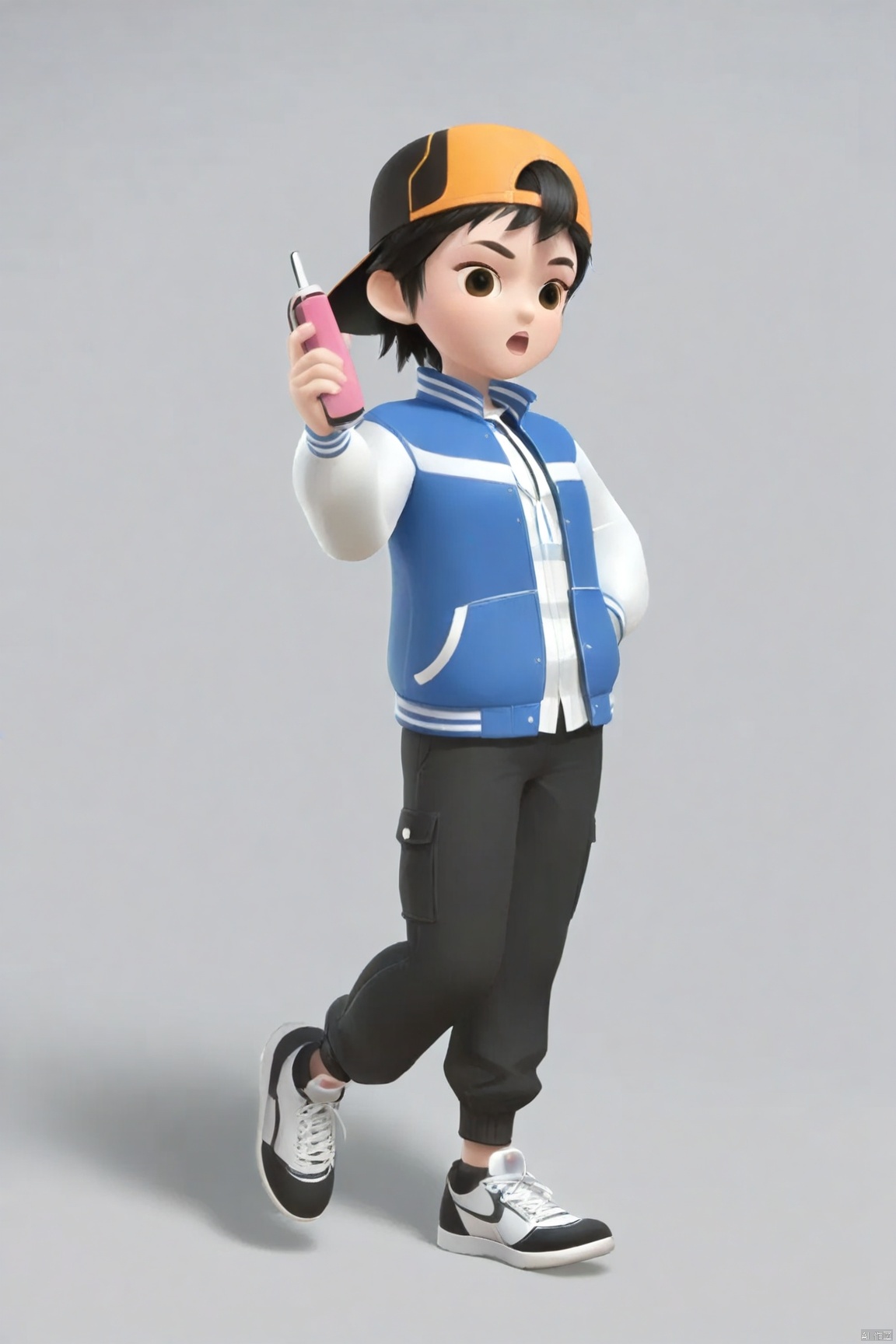 1girl,Peng Fei,Blue jacket,Black pants,shoes, holding charging cable
