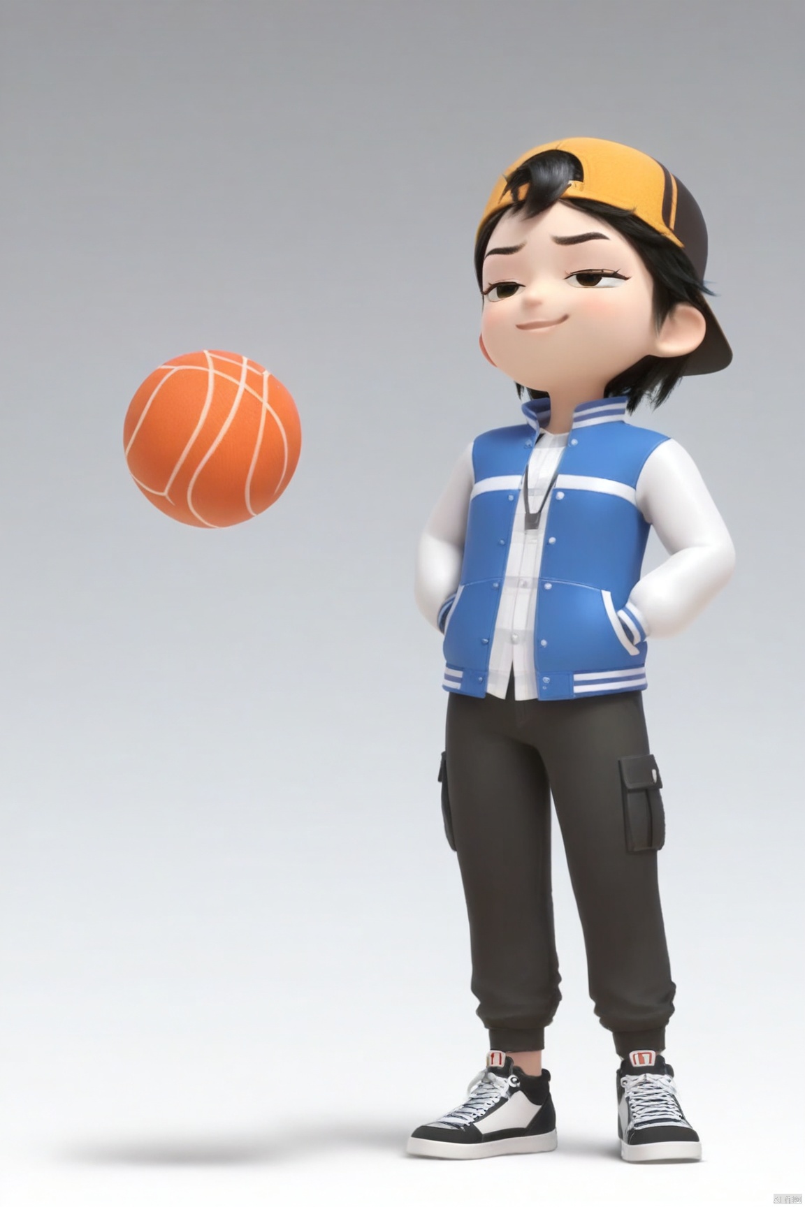 1girl,Peng Fei,Blue jacket,Black pants,shoes,close-up_chibi_smug
