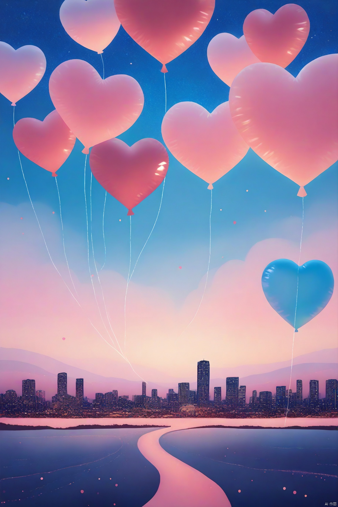 valentinesday,vector,AYU,Artistic illustration,Vibrant 4K cityscape with love-filled balloons drifting across the sky, soft pink ambiance, Valentine's Day atmosphere, delicate details, high-quality rendering, intricate balloon textures, and warm romantic glow.