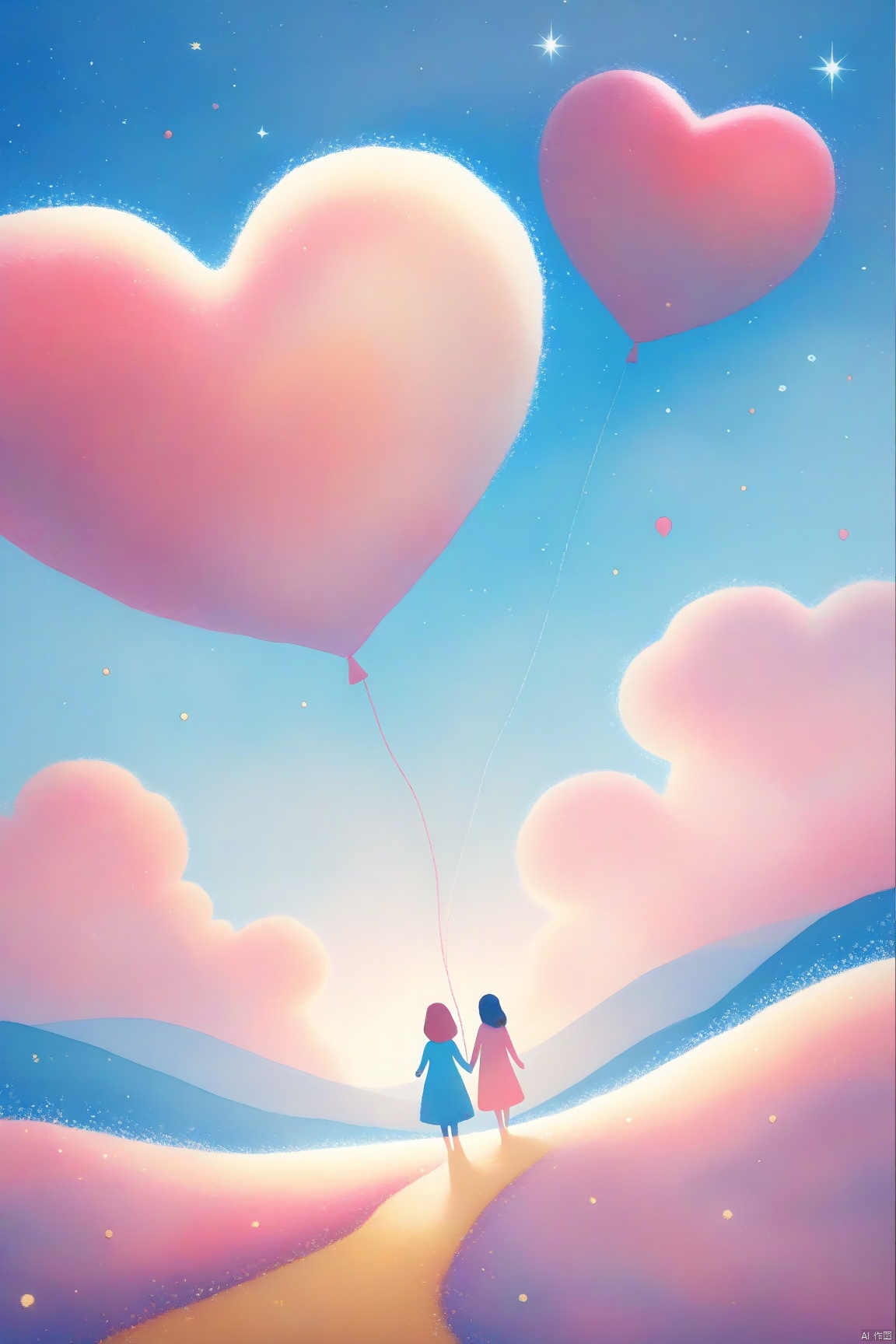 valentinesday,Simple vector illustration,In the center, a delicate, intricately textured heart-shaped pink balloon, composed of soft, wispy cotton threads, floats effortlessly against a serene backdrop of a lush, vibrant meadow, painted in a pastel blue and muted Morandi color palette with subtle, nuanced brushstrokes. Fluffy cotton sheep graze peacefully, their gentle movements blurred, amidst the meadow's feathery grasses. Above, a delicate blue sky is adorned with intricately detailed, shimmering ribbons and tiny, sparkling stars that twinkle softly. Pink clouds, with wispy, feathery edges, rest on the ground, adding to the dreamy, enchanting atmosphere. The scene is captured in exquisite, hyper-realistic detail, with a wide, sweeping landscape shot that showcases the rolling, puffy cumulus clouds in the distance, creating a tranquil, mesmerizing vista.