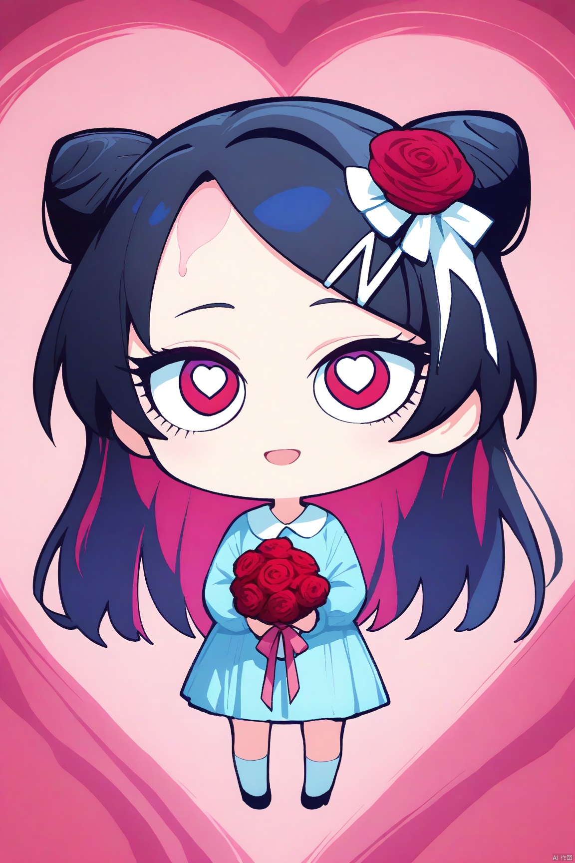 valentinesday, full body, A round face with expressive large eyes, topped with short black hair styled in two small buns. A blue dot adorns the forehead. Holding a bouquet of roses, pink atmosphere, full body image,