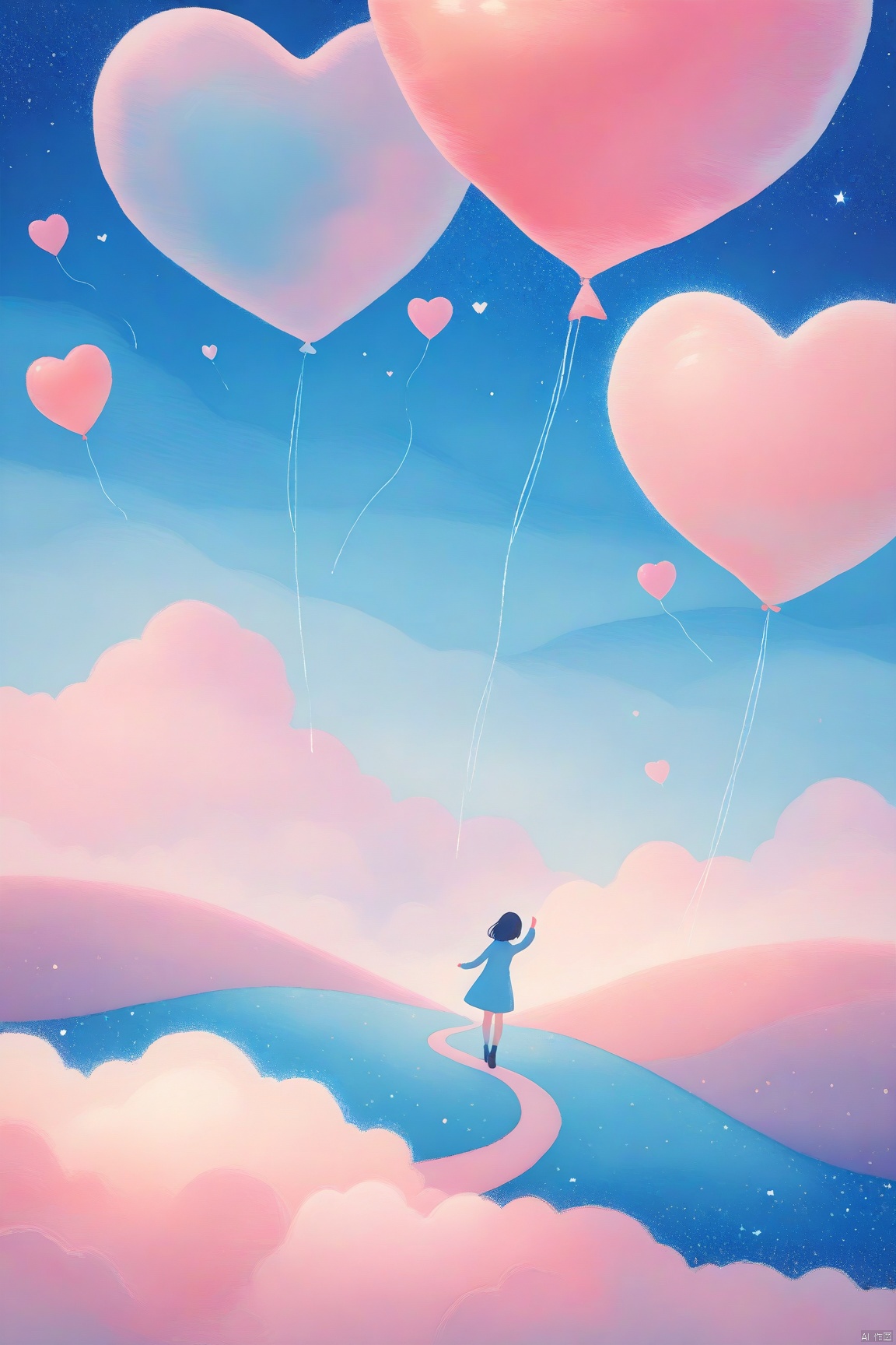 valentinesday,of a vibrant digital illustration,AYU,Artistic illustration,In the center, a delicate, intricately textured heart-shaped pink balloon, composed of soft, wispy cotton threads, floats effortlessly against a serene backdrop of a lush, vibrant meadow, painted in a pastel blue and muted Morandi color palette with subtle, nuanced brushstrokes. Fluffy cotton sheep graze peacefully, their gentle movements blurred, amidst the meadow's feathery grasses. Above, a delicate blue sky is adorned with intricately detailed, shimmering ribbons and tiny, sparkling stars that twinkle softly. Pink clouds, with wispy, feathery edges, rest on the ground, adding to the dreamy, enchanting atmosphere. The scene is captured in exquisite, hyper-realistic detail, with a wide, sweeping landscape shot that showcases the rolling, puffy cumulus clouds in the distance, creating a tranquil, mesmerizing vista.