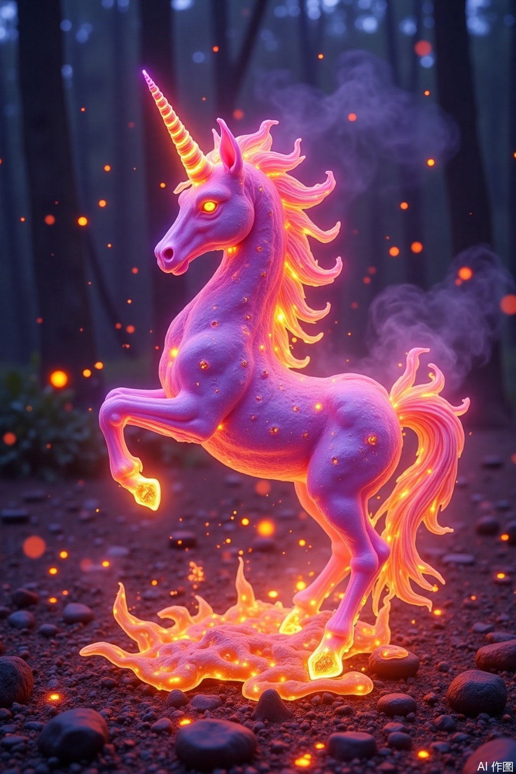 Dreamy flame unicorn, translucent pink purple flame mane flows like an aurora, spiral horns are wrapped around the gradient starlight flame, hooves step out of heart-shaped flame tracks, blinking flame elf floating around the body, background is a flame forest full of glowing flowers, watercolor smudge technique