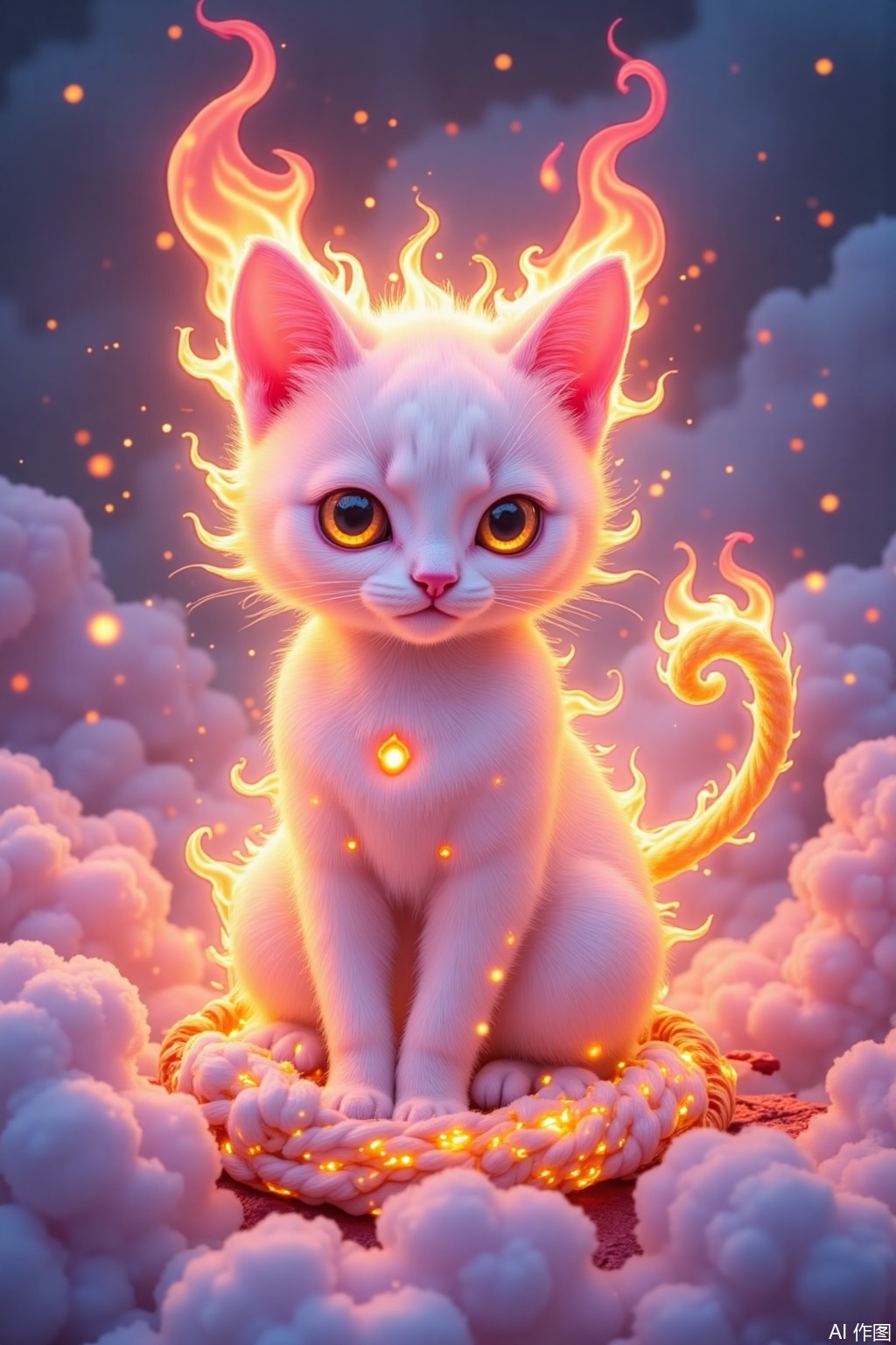 Healing flame cat, milky white flame hair fluffy and soft, pink flame burning at the tip of the ears, claws pounce on the floating flame yarn ball, tail rolled into spiral flame, background is a bed of clouds covered with rainbow halo, thick painting illustration style, soft light filter