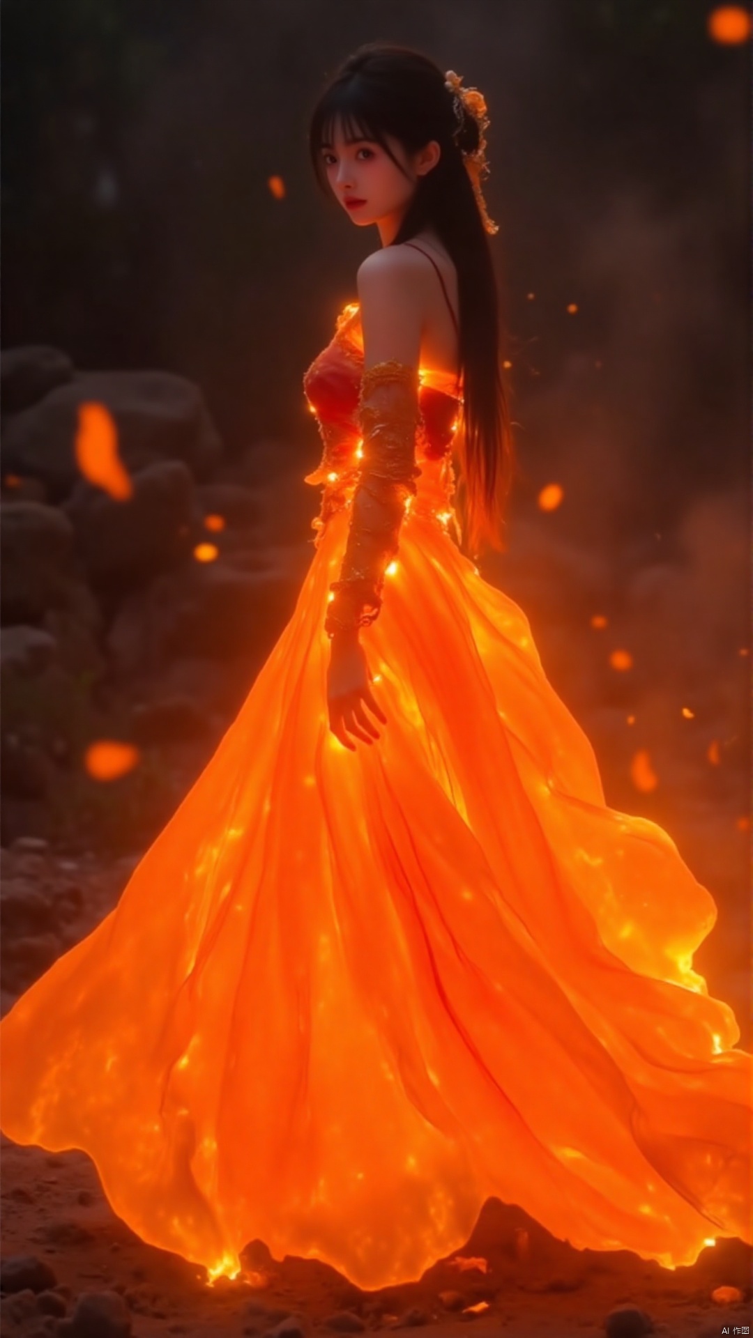 The image shows a young girl standing on a rocky surface with a fiery background. She is wearing a long, flowing orange dress that is flowing in the wind. The dress has a high neckline and long sleeves, and the skirt is full and flowing. The girl has long dark hair that is styled in loose waves and is looking off to the side with a serious expression on her face. The background is filled with orange and yellow flames, creating a dramatic and fiery atmosphere. The overall mood of the image is dark and mysterious.. `(Ultra HD 8K cinematic portrait:1.9), fierce warrior queen engulfed in sentient flames, living fire dress with: