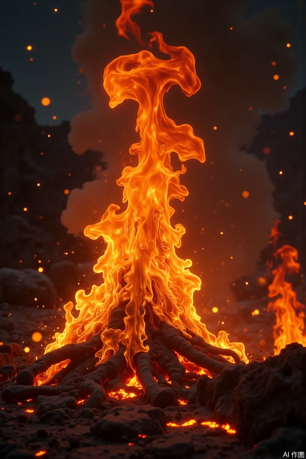 Realistic burning flames, orange-red high-temperature flames twisted and rise, surrounded by thick black smoke, splashing Mars, background with ruins / night / metal surface, ultra-high definition details, movie-level ray tracing