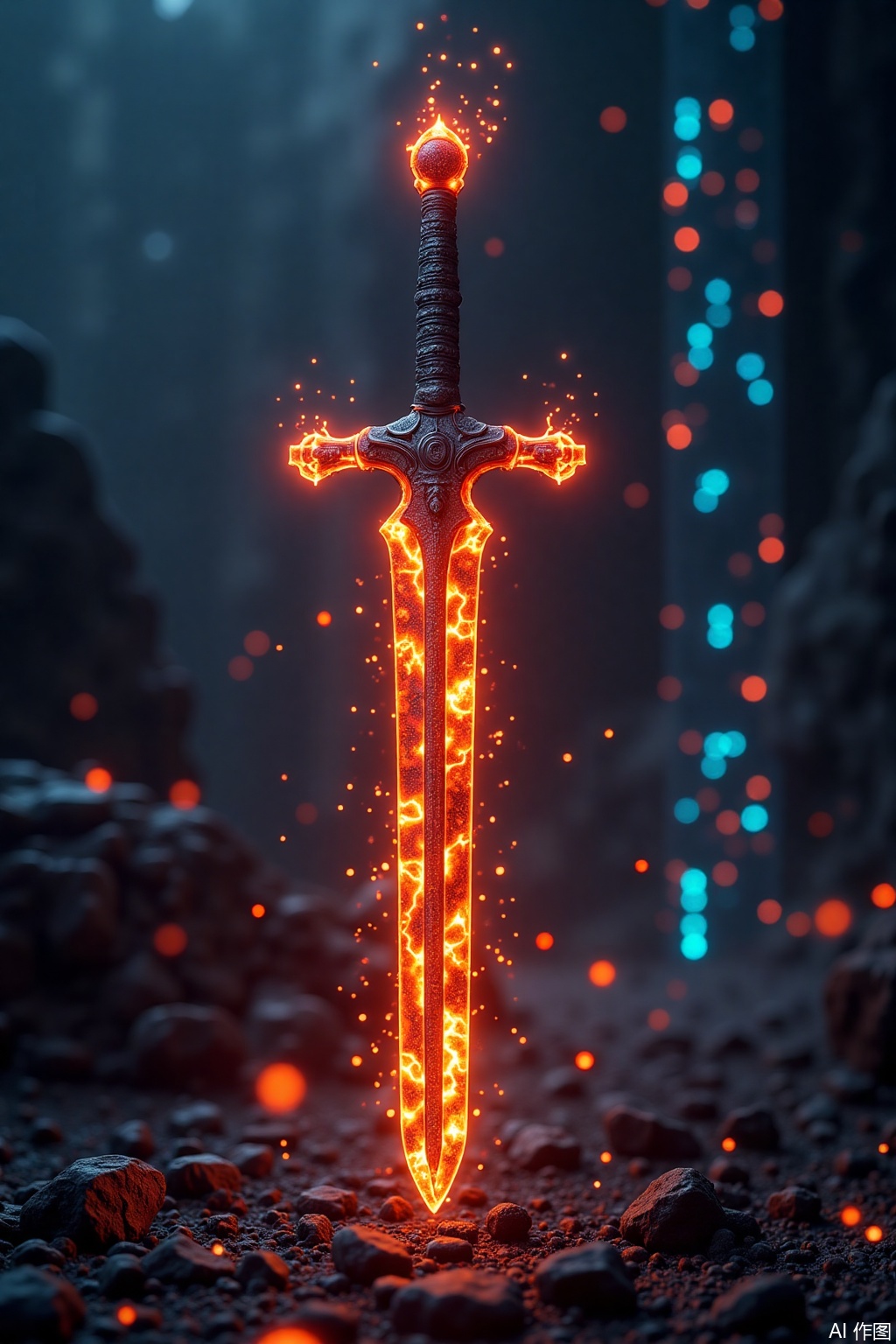 The titanium alloy sword body is covered with holographic flame matrix, liquid flames are gushed out of the blade, and the handguard is embedded with a breathable red energy core. The sword spike turns into a data flowing Mars. The background is a neon light-effect ancient city tower, and technology collides with ancient style.