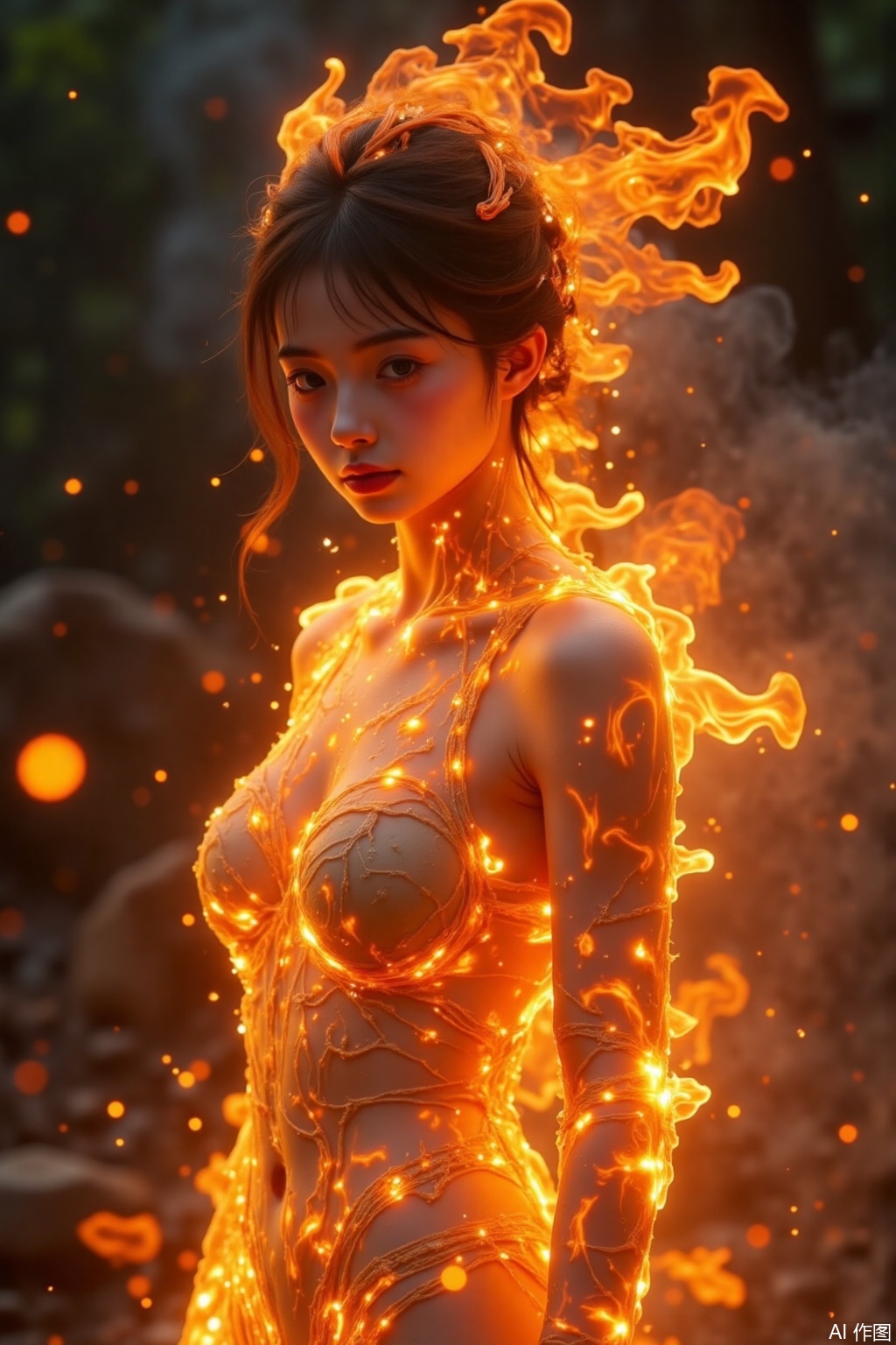 ,bailing_fire,Photorealistic,Cinematic Texture,distant shot of a girl made entirely of flames,resembling a ghost,the burning hand,composed of flickering flames,appears as a translucent glowing ghost-like figure. Her fiery form emits a soft,eerie light,blending with the surroundings and creating an ethereal,haunting atmosphere from a distance.,,bailing_model,concept clothing,garment draping,