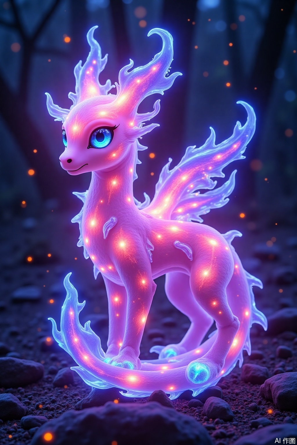 Translucent pink and purple flames form a light body, with star-like light spots flashing at the tips of the ears and tails. The tails of seven flames are intertwined like flowing aurora, and the eyes are filled with mysterious blue light. Ice blue flames spread out from the light touch of the claws. They are in the fluorescent forest at night, watercolor smudge style, soft light and shadow effects