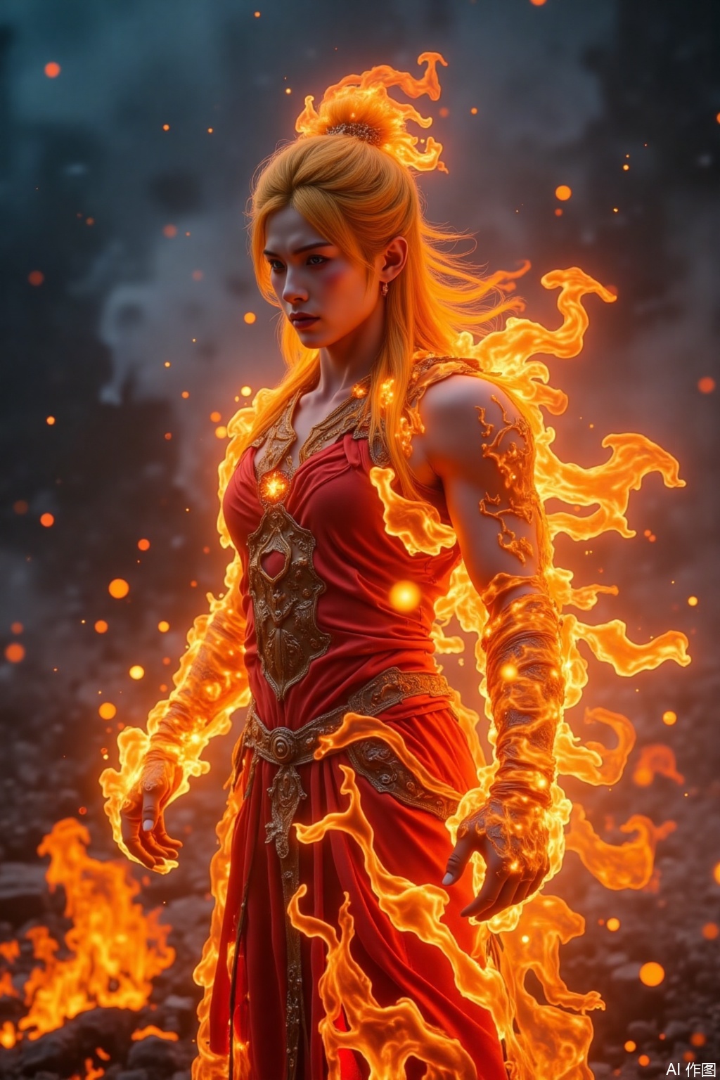 fire,aiyouxiketang,Sun Wukong,the Monkey King of Chinese mythology,is surrounded by flames and smoke. He has golden hair and wears red armor with fire effects on his body. The background features dark blue tones. In an ultra-high definition image quality style,the game art design showcases realistic photos taken in medium to long-range shots. It uses a wide-angle lens,creating an epic atmosphere. Sun Wukong stands tall against the backdrop of chaos,in the style of realistic photography.,
