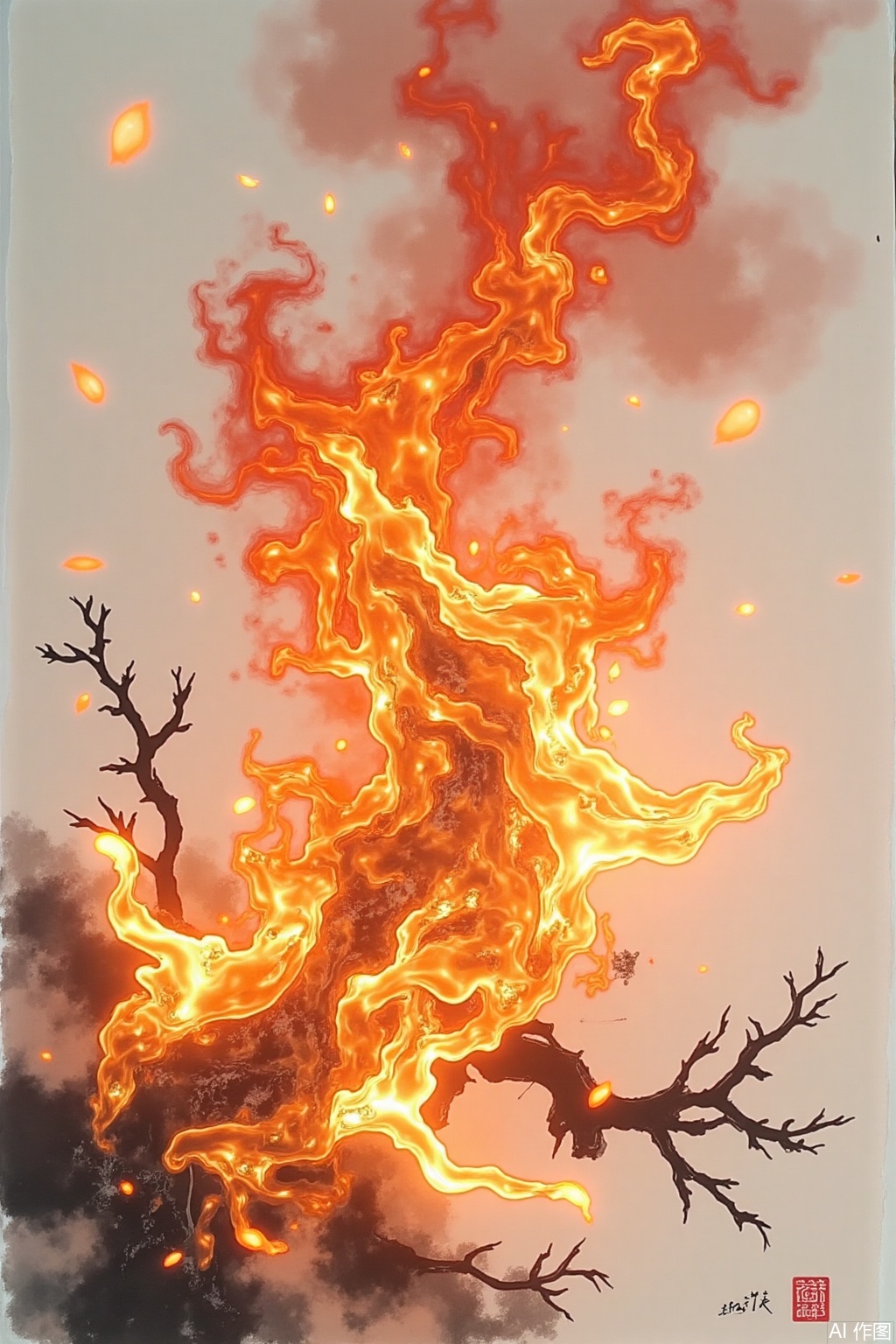 The flame special effect of the oriental ink painting artistic conception, the ink-colored flames are smudged on the rice paper with freehand brushwork. The flames seem to exist and appear and appear faintly, as if they contain endless Zen, surrounded by clouds and bamboo leaves outlined by light ink. The overall picture exudes a simple and elegant atmosphere. The traditional Chinese technique of combining fine brushwork and freehand brushwork leaves just right.