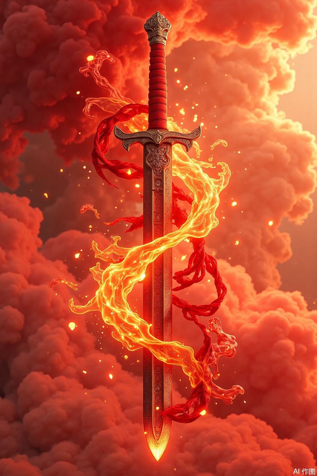The sword body is tempered with flowing red and gold flame patterns, imitating bronze and gold craftsmanship outlines Taotie fire patterns, the hilt of the sword is wrapped around the flaming vermilion silk ribbon, and three clusters of leaping flames are spewed in the sword grid. The background is red clouds and mist rendered by ink, classical fine brushwork techniques