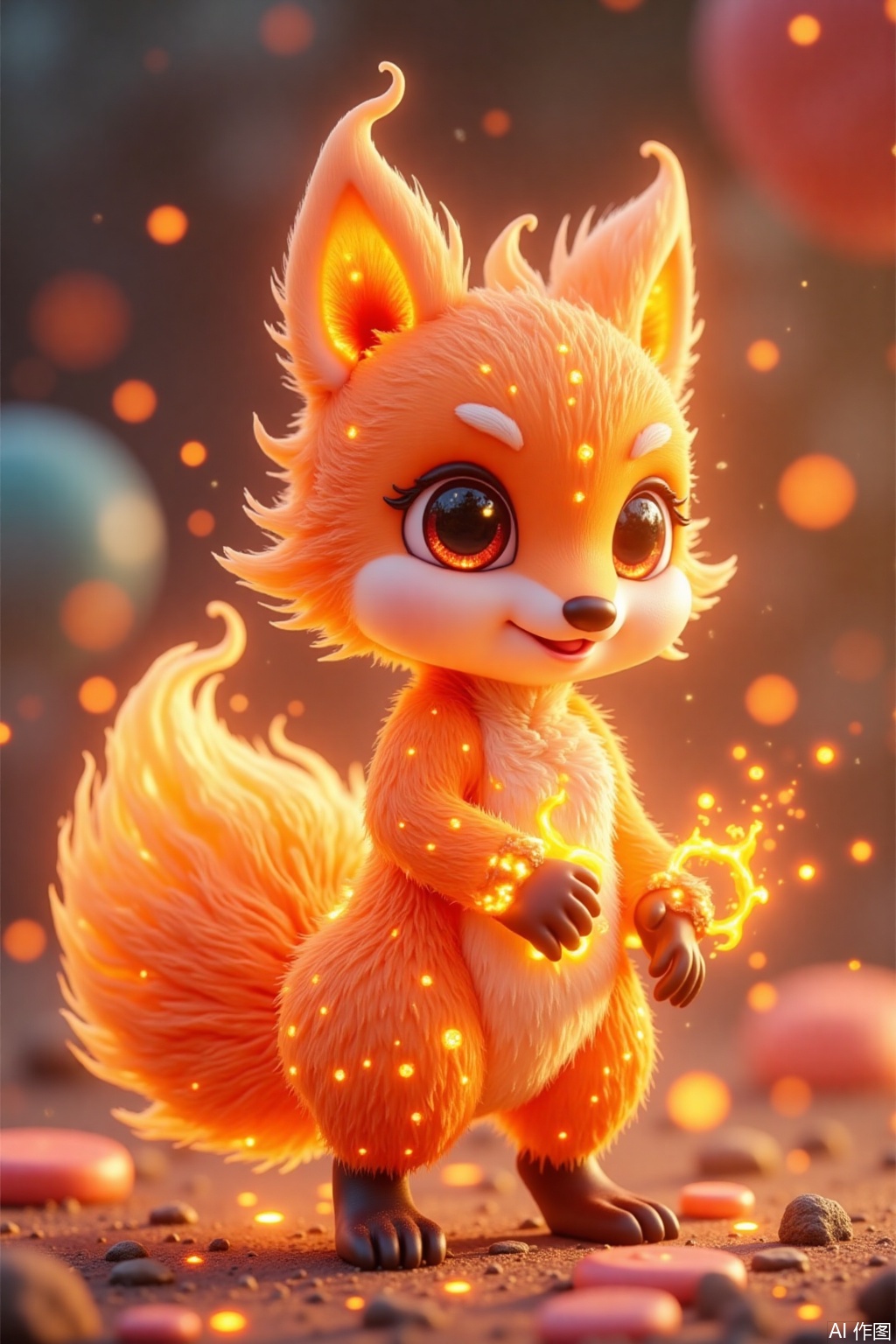 Soft and cute little fox, fluffy orange-red flame tail with starry spots, round body consisting of small beating flames, watery big eyes surrounded by golden fire rings, claws step on rotating mini flame gears, background with candy-colored clouds and rainbow fire bridges, cartoon rendering, macaron tones