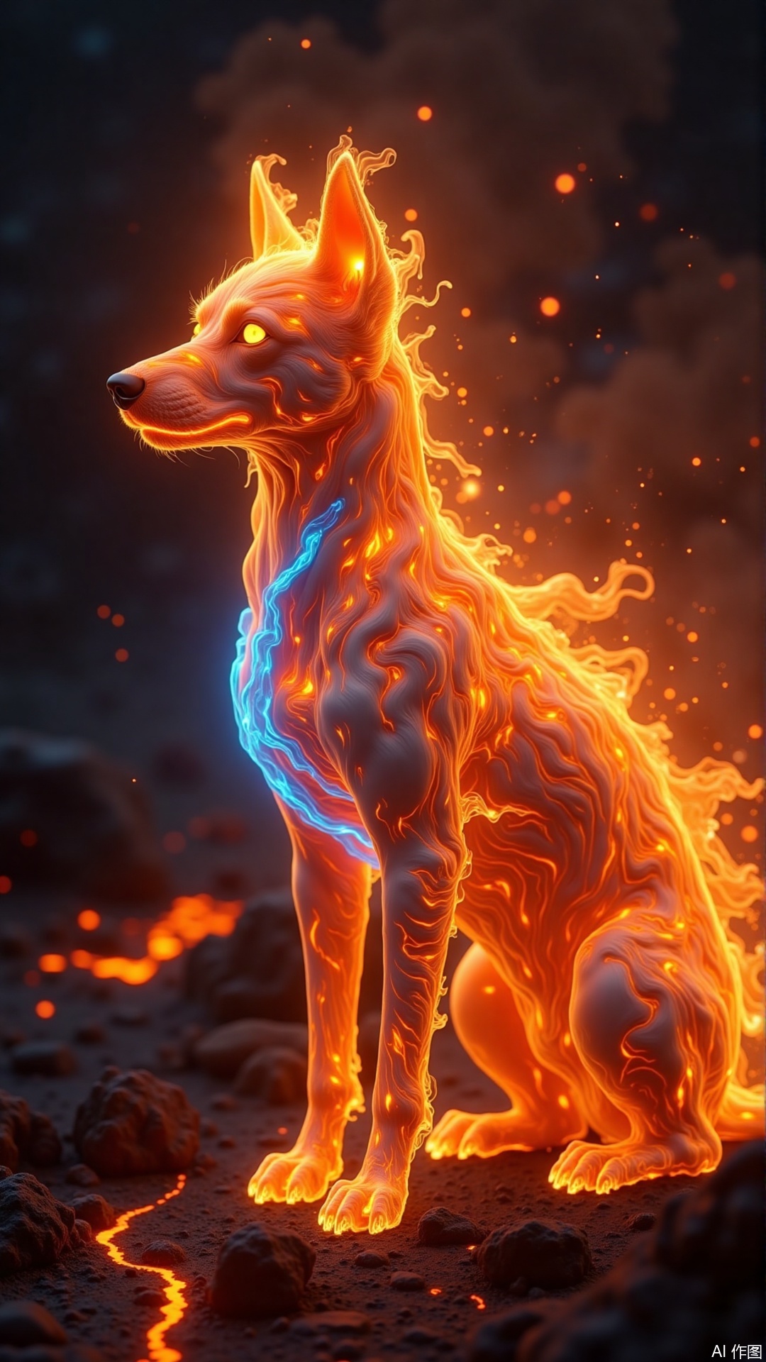 A fiery dog made of swirling flames, glowing orange and blue embers, dynamic sparks flying, hyper-realistic details, dark volcanic background with lava cracks, dramatic lighting, surreal fantasy art, trending on ArtStation, 8K resolution, intricate textures, --ar 16:9 --v 5.2

