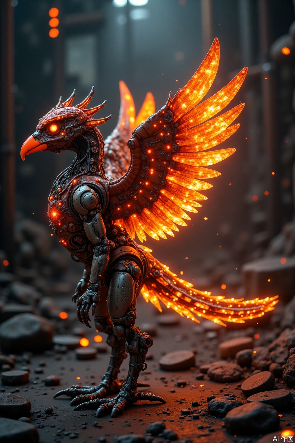 The body of mechanical gears combined with burning flames, the edges of metal wings ejected orange-red flames, the beak is made of hot red metal, the eyes are electronic components emitting red light, the tail feather is a chain of flames emitting black smoke, the background is an industrial ruin full of pipes and steam, dark tones, and strong contrast of light and shadow