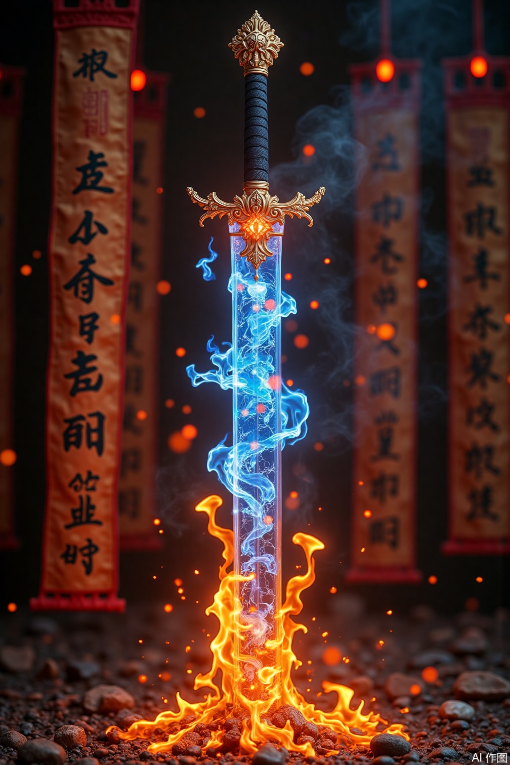 The crystal-clear glass-like sword body is sealed with blue spiritual fire inside. The fire-patterned runes of "Shan Hai Jing" appear on the sword spine. When waving, nine red dragon-like fire rays burst out. The sword sheath is decorated with gilded flames and is suspended in the background of the burning ancient scrolls. The fairy tale ink and wash wind