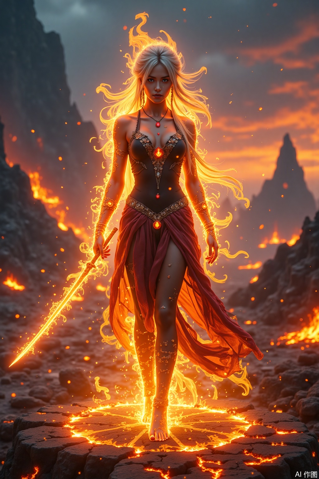 The picture is an ancient style fantasy style with gorgeous colors and fantasy sense. A graceful ancient beauty, her body is surrounded by colorful flames, and the flames are like flowing liquid, constantly changing shapes. Her hair was silver, and the ends were burning with white flames, like a meteor passing through the night sky. She was wearing a black tights with red gems inlaid with flames that shone with light. She held a sword burning with colorful flames. The sword body was as transparent as crystal, and the energy of flames flowed inside. She stood on a suspended flame platform surrounded by swirling flame vortexes, and in the distance were burning mountains and erupting volcanoes. In terms of composition, the beauty is located at the upper center of the picture, with the flame platform and the distant scenery as the background.