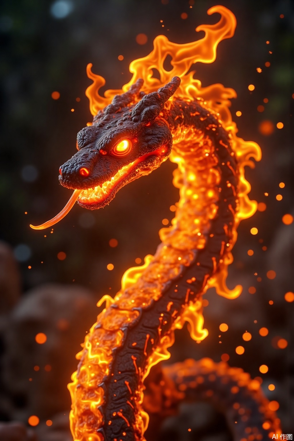 fire,JQZX,A snake  made of fire,with flames and sparks flying around it. The background is dark and blurred to emphasize the subject. High-contrast lighting creates sharp shadows on the face,highlighting its fiery texture. It has an ominous atmosphere that adds intensity to the scene.,