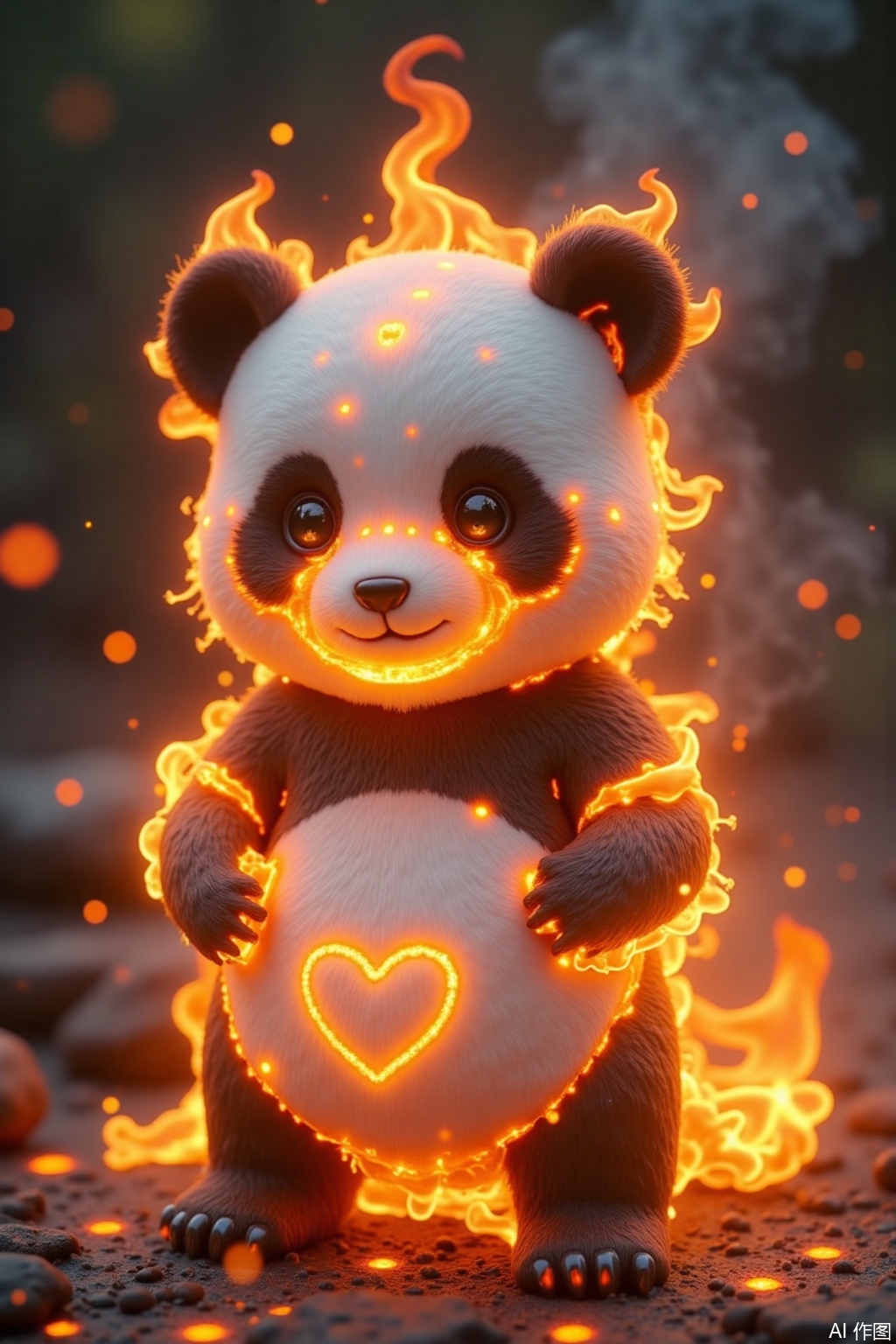 Marshmallow texture flame panda, white velvet flame forms a fat body, black flame outlines the eye circles and limbs, glowing bamboo leaves torches in the mouth, cloud cloak formed by flames floats behind, love-shaped Mars at the tip of the nose, 3D low polygon style, soft matte light effect