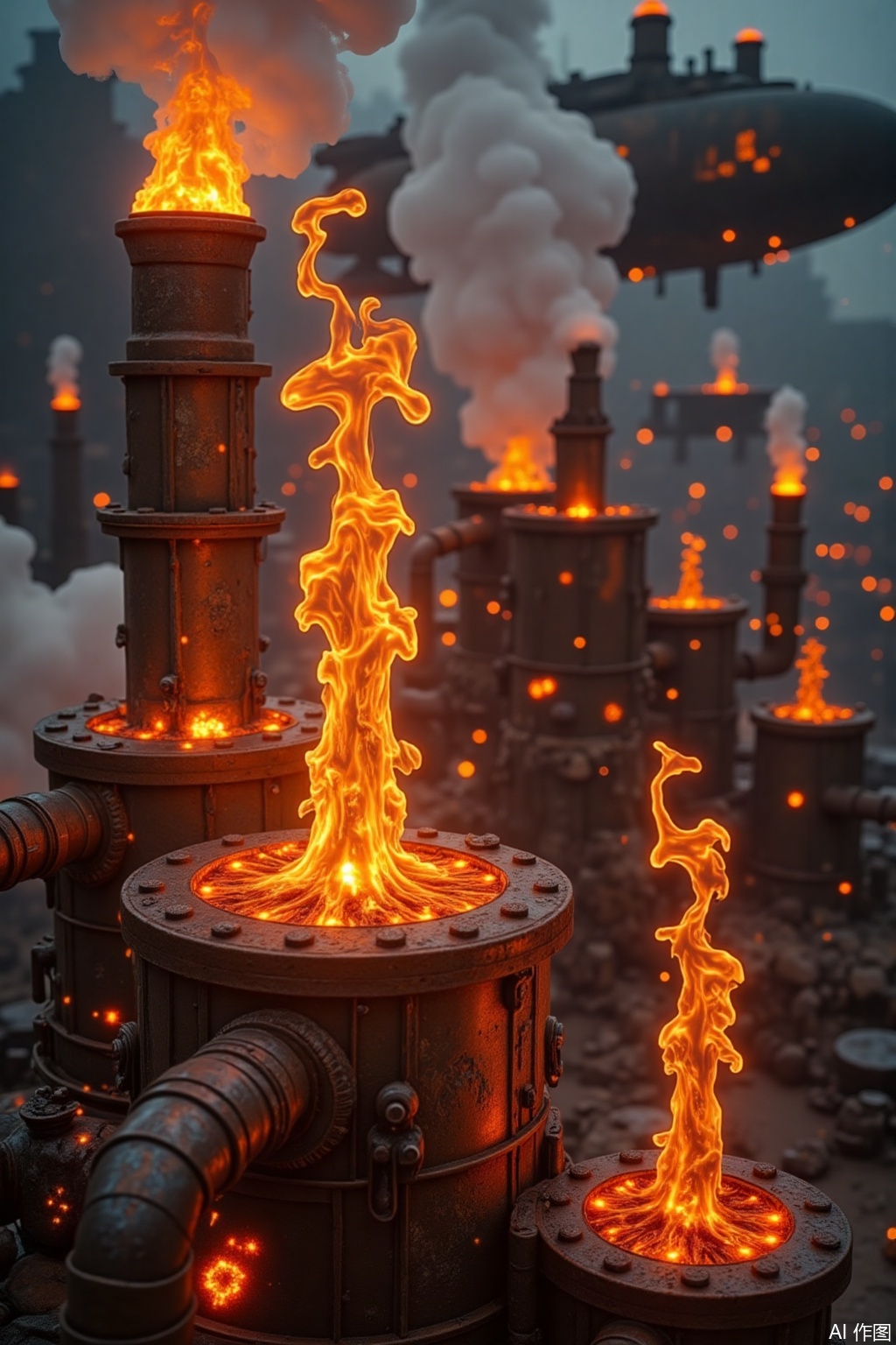 Steampunk style flames, orange-red flames gush out of the rusty steam pipes, accompanied by thick white steam, gears and rivets on the pipes flashed with metallic luster under the reflection of the flames, the background is an industrial city filled with smoke, and ancient flying boats are floating in the sky, full of the unique charm of the interweaving of retro and science fiction, mainly dark tones, emphasizing the contrast of light and shadow.