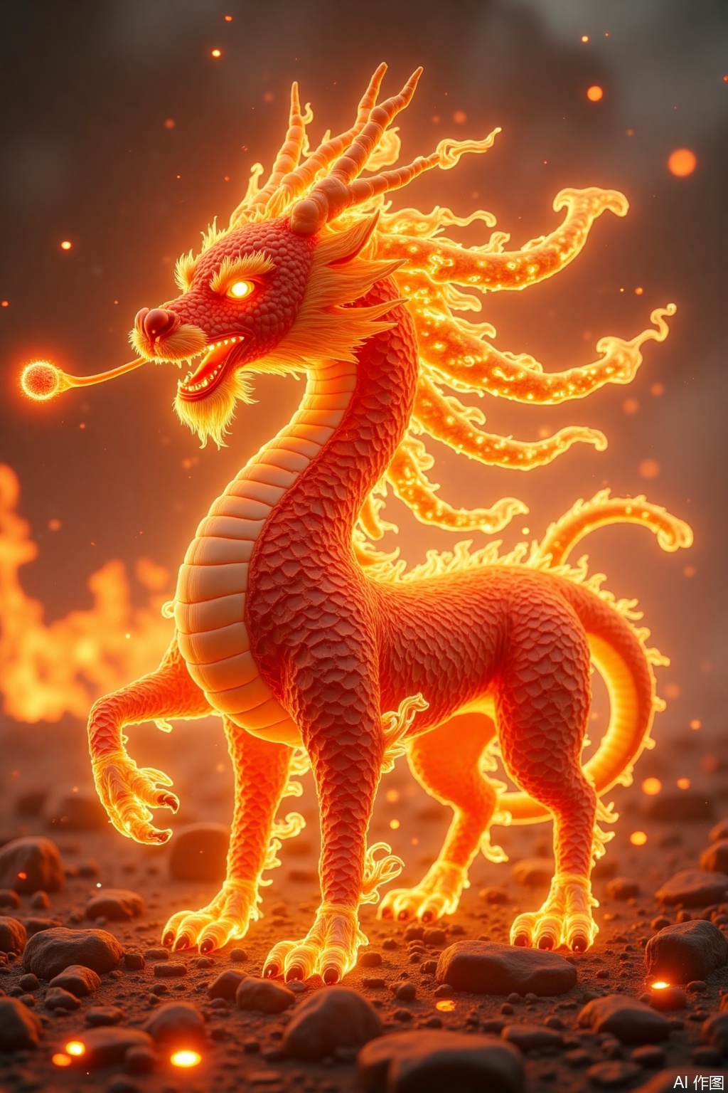 The whole body is covered with red and golden flame scales, and the mane dances like burning flames. The four hooves step out of the golden fire lotus, the horns of the head are wrapped around red light, and the rolling fireballs are sucked in the mouth. Nine long flames are dragged behind them. Each tail tip is filled with flames of different colors. The background is a burning sea of ​​clouds, an ancient style mythological scene, 8K ultra-high definition, delicate flame dynamic rendering