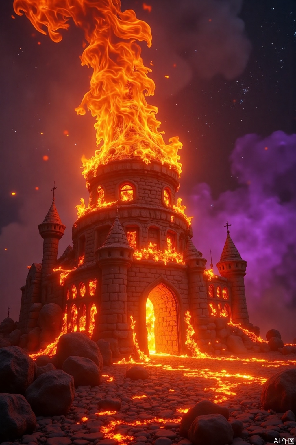 Surreal fire scene, raging fire lingers around the ancient castle like a lively ribbon. The bricks and stones of the castle flash with strange luster in the high temperature. Dreamy figures and mysterious symbols appear faintly in the flames. The background is the deep starry sky and purple mist, creating a fantastic and mysterious atmosphere, with ultra-high-definition picture quality and rich details.